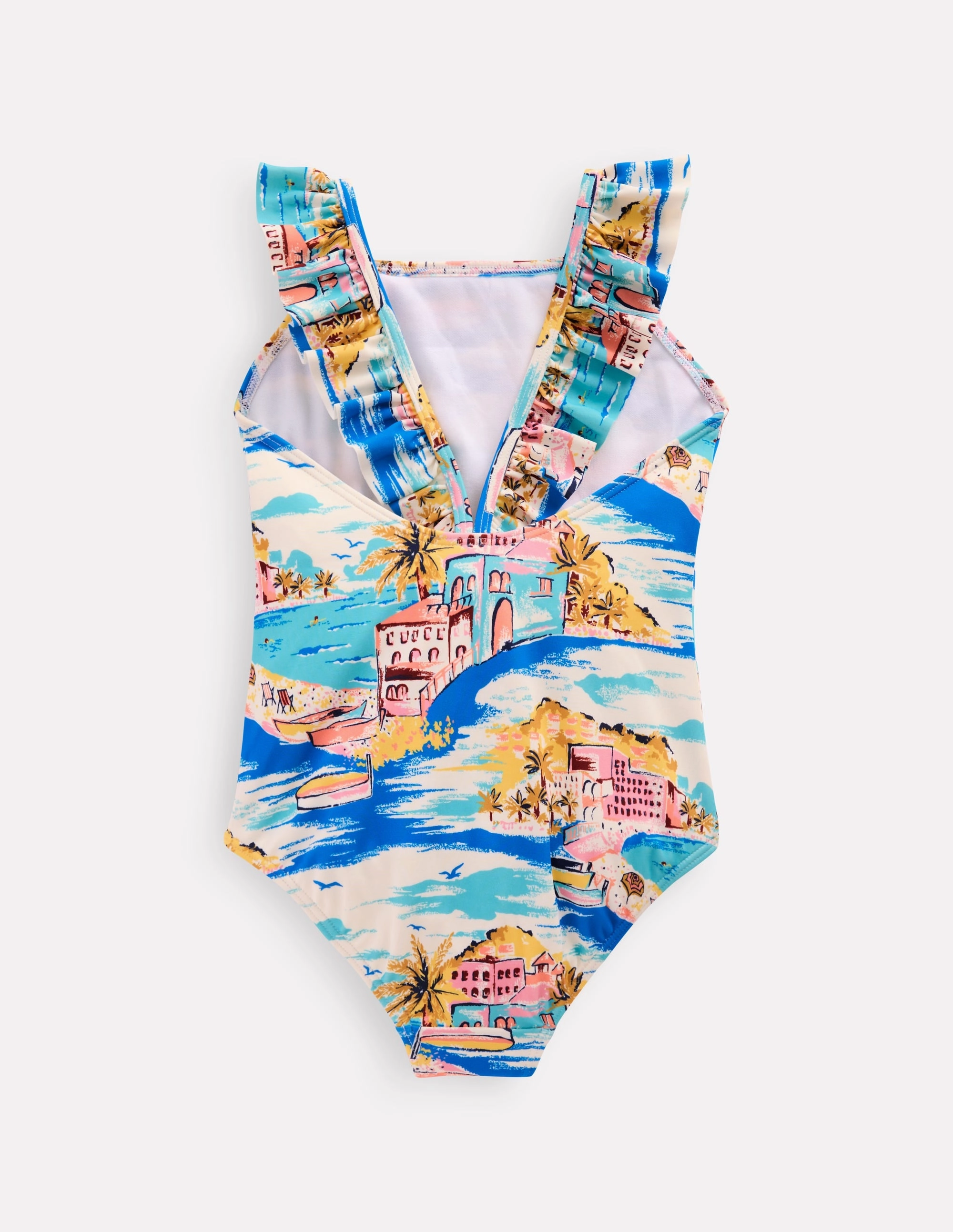 Hallie Frill Strap Swimsuit-Multi Coastal Scene Ocean View