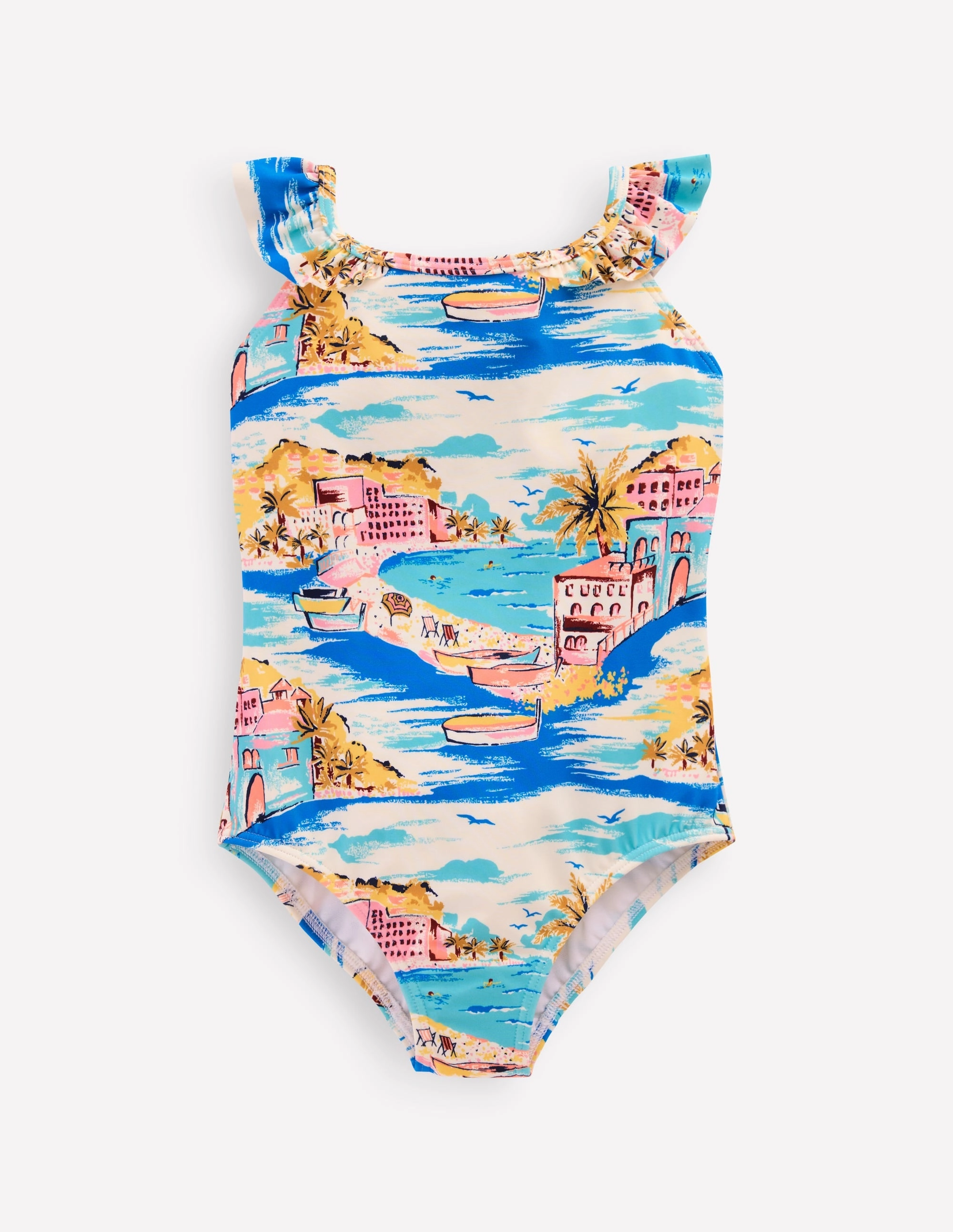 Global Shipping Hallie Frill Strap Swimsuit-Multi Coastal Scene