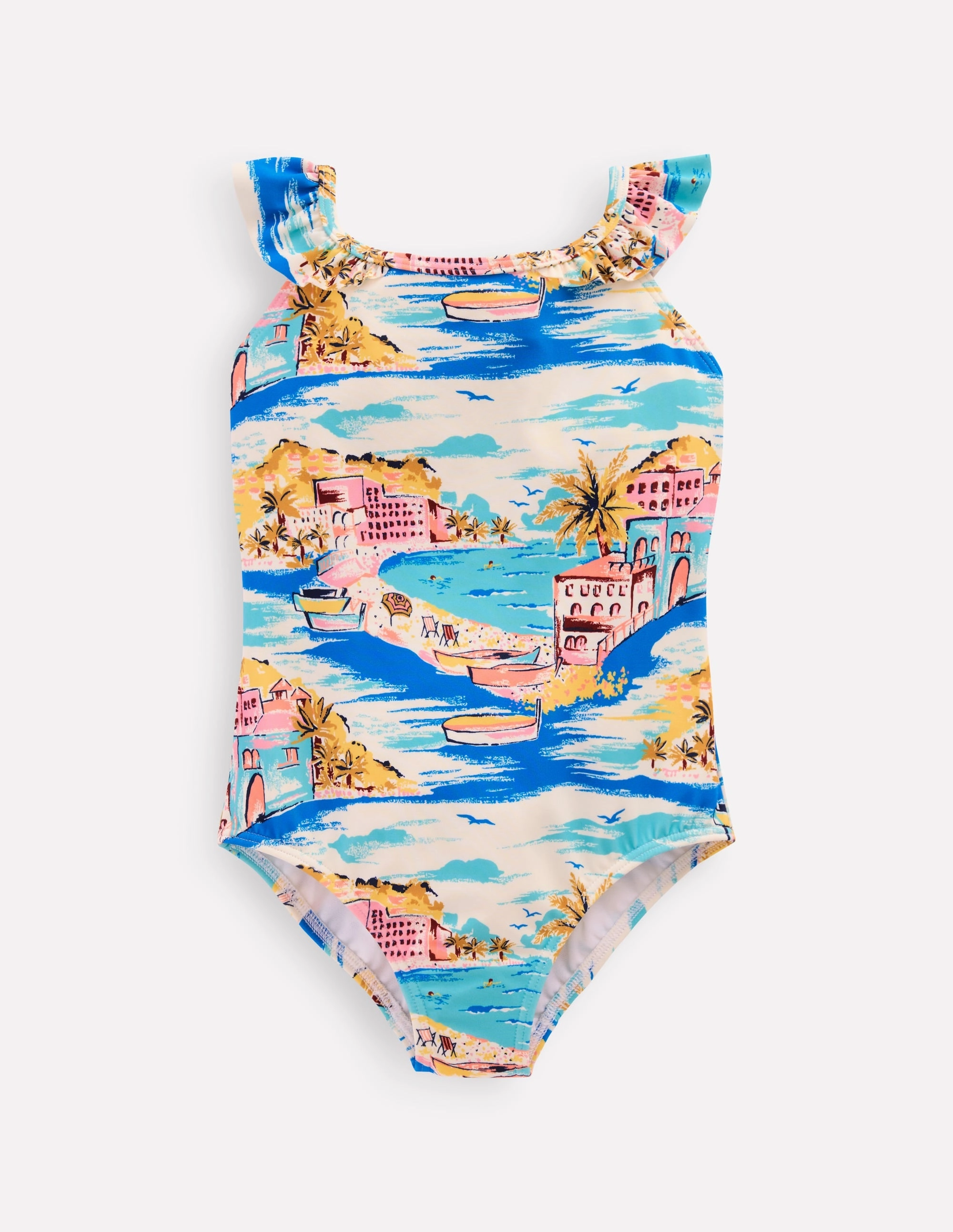Hallie Frill Strap Swimsuit-Multi Coastal Scene Sand resistant
