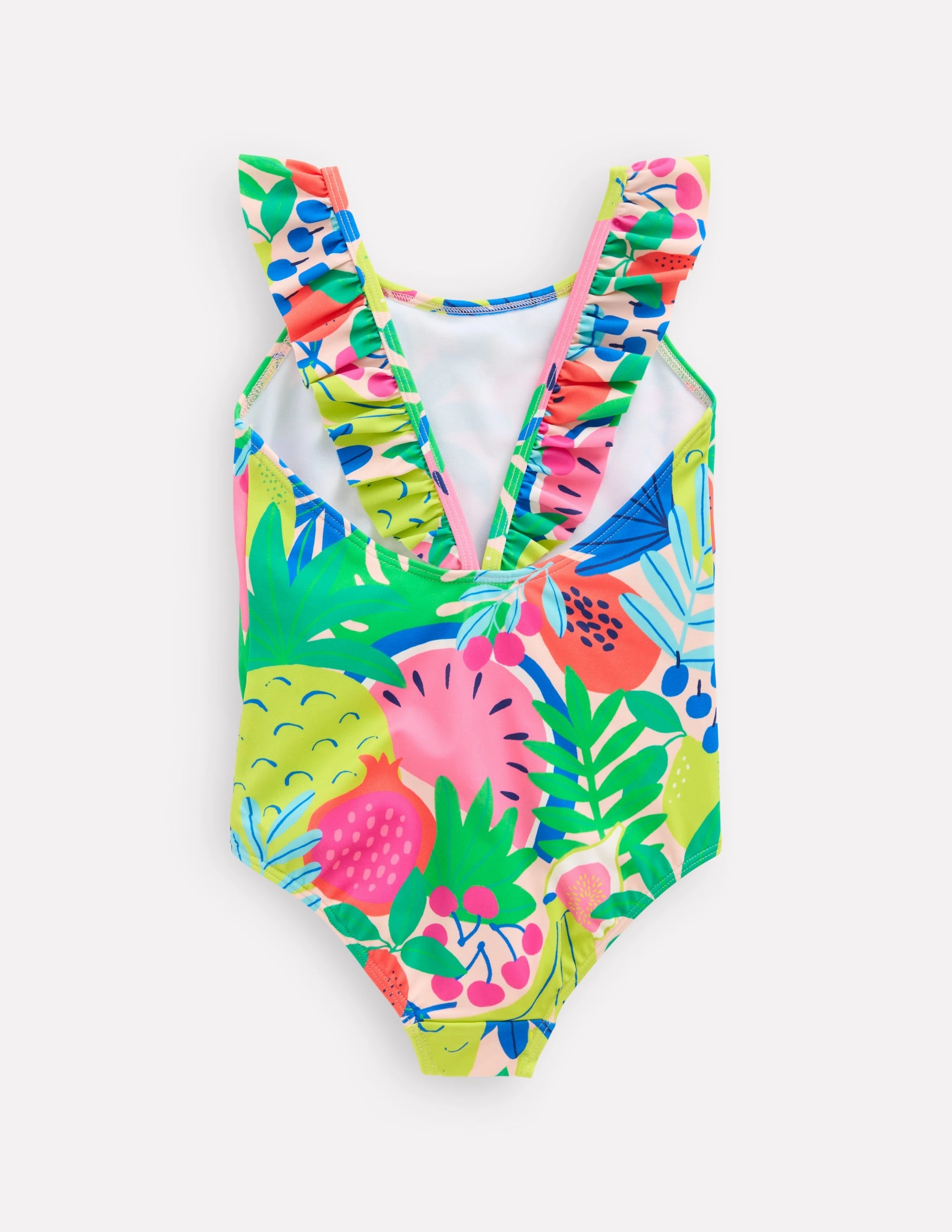 Stretch Fabric Rash Free Surface Texture Hallie Frill Strap Swimsuit-Multi Tropical Fruit