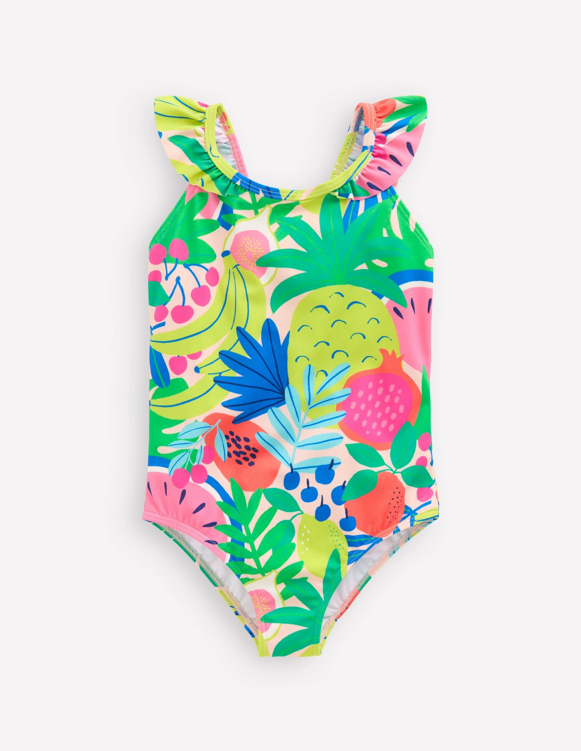 Earthy-Tone Moisture Wicking Lining Hallie Frill Strap Swimsuit-Multi Tropical Fruit