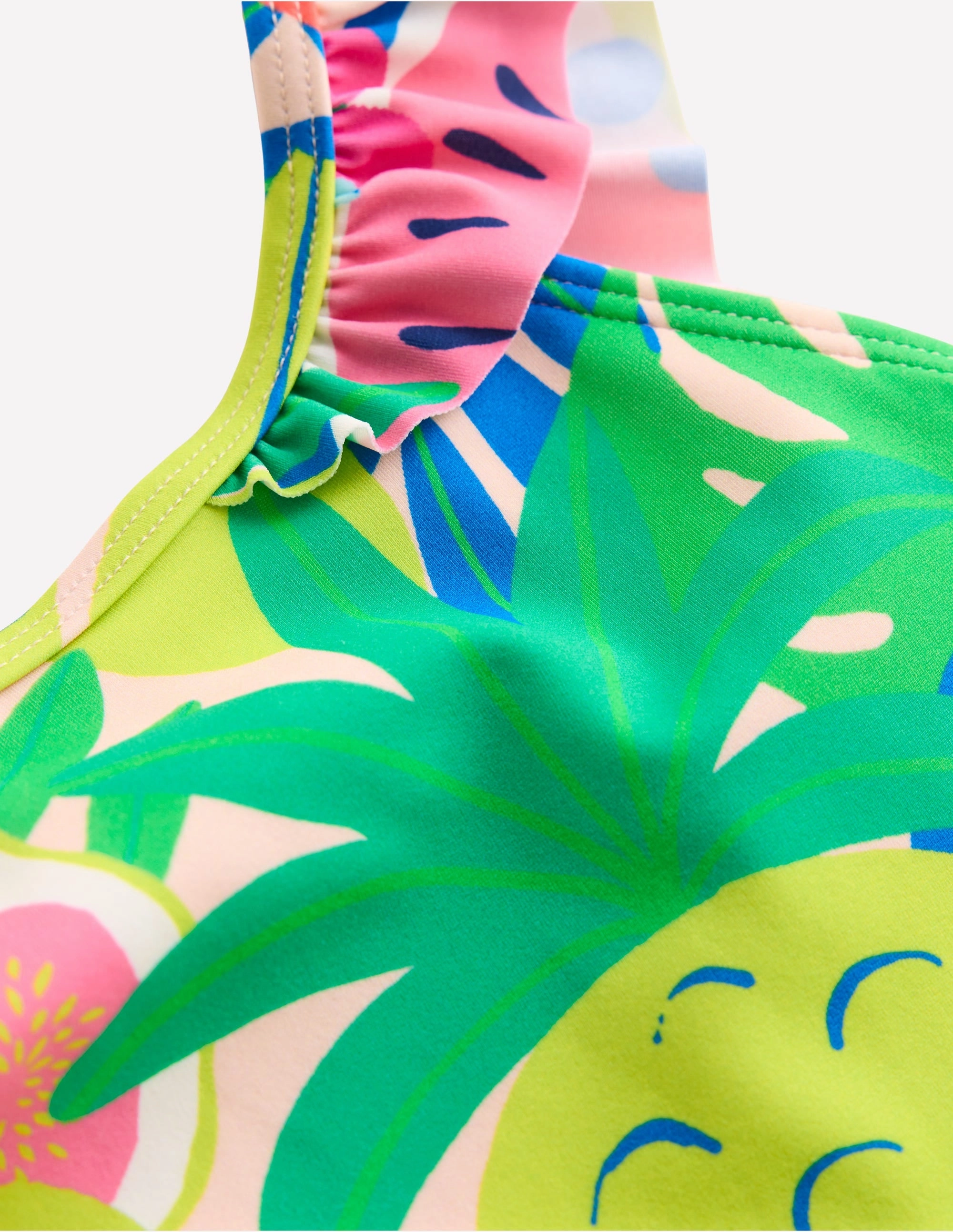 Hallie Frill Strap Swimsuit-Multi Tropical Fruit Longline-Silhouette Sand Proof Closure