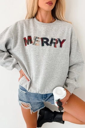 Happy For The Holidays Plaid "Merry" Sweatshirt (Heather Grey) AntiOdorTechnology