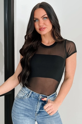 BrushedInnerLining NonChafe Lining Head Held High Short Sleeve Mesh Bodysuit (Black)