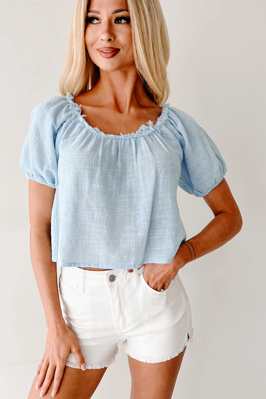 ZipClosure Wrinkle Resistant Heart In The Clouds Puff Sleeve Top (Sky)