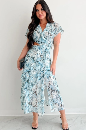 Heart Of Gold Printed Ruffle Maxi Dress (Blue) Timeless Fashion Modest Light