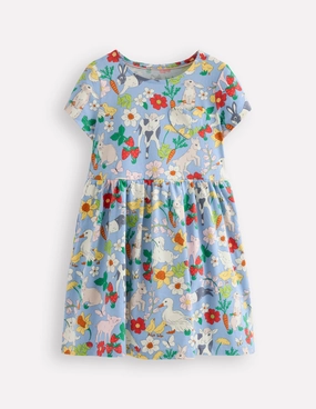 Silky Movement Heart Pocket Fun Jersey Dress-Misty Blue Spring Meadow