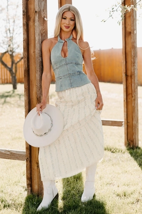 Heartbreak Hottie Denim Halter Top (Denim) SweatGuard Lining