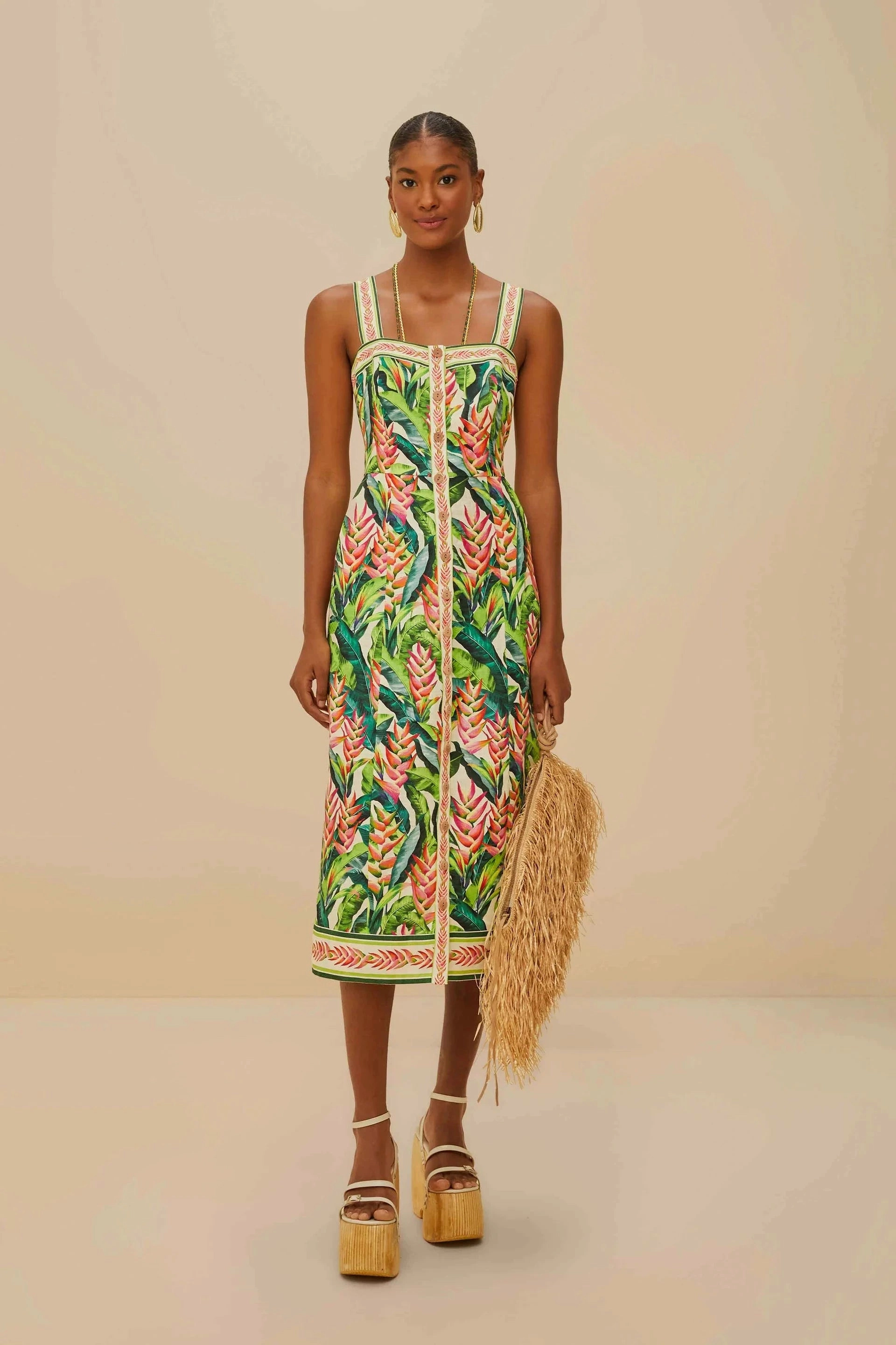 Walkable Flow Heli Leaves Pearl Midi Dress