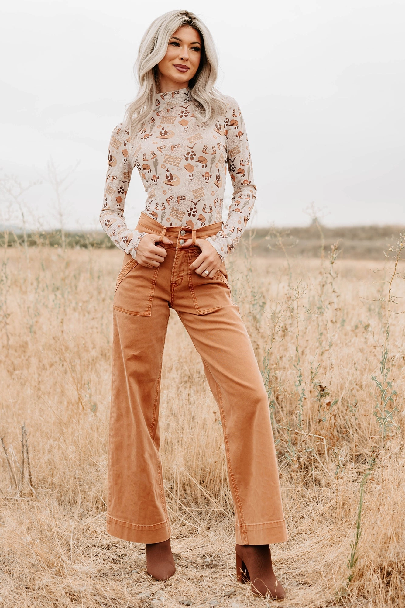 Zip Pocket Organic Cotton Henley Wide Leg Mica Denim Jeans (Cinnamon)