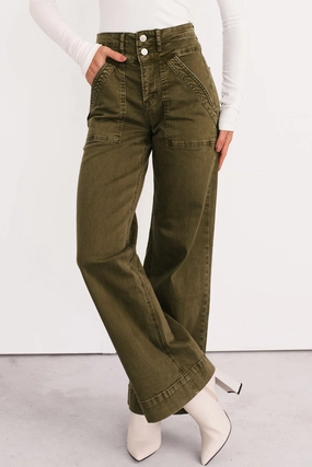 Double Stitched Fresh Fit Henley Wide Leg Mica Denim Jeans (Fern Green)