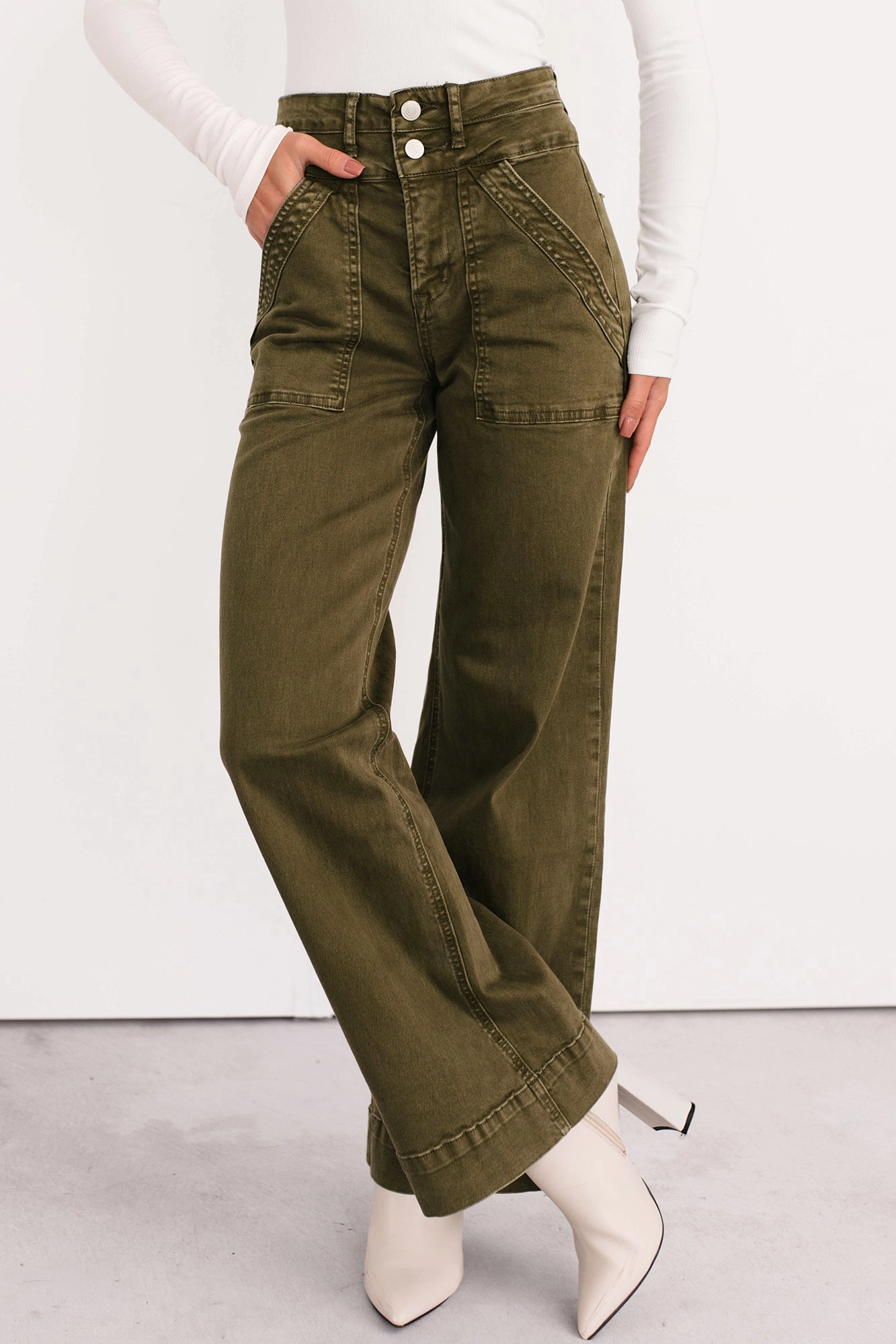Chic Style Henley Wide Leg Mica Denim Jeans (Fern Green)