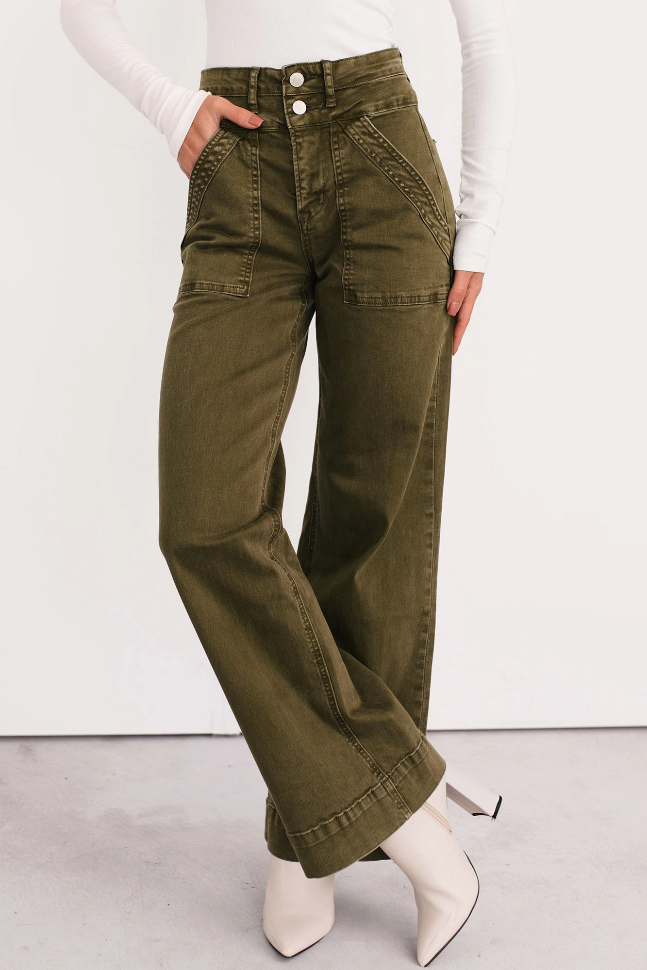 Comfortable Layers Henley Wide Leg Mica Denim Jeans (Fern Green)