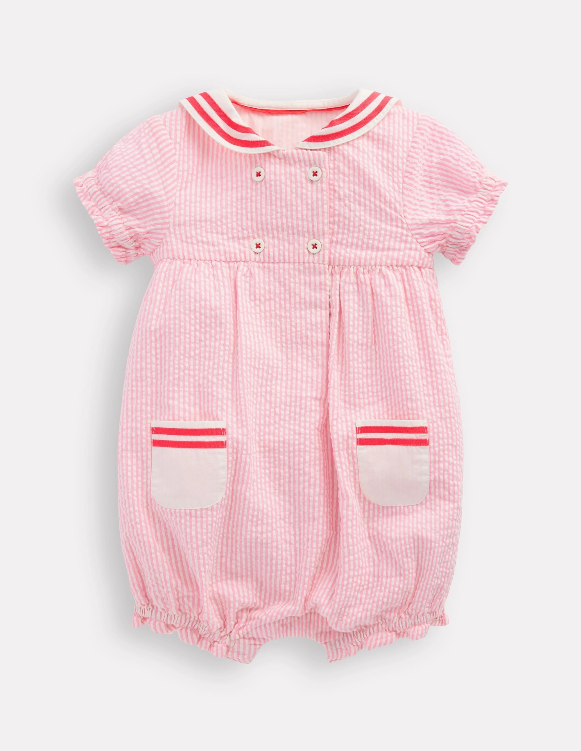 Dinner Comfy Heritage Nautical Romper-Pink Ticking Stripe