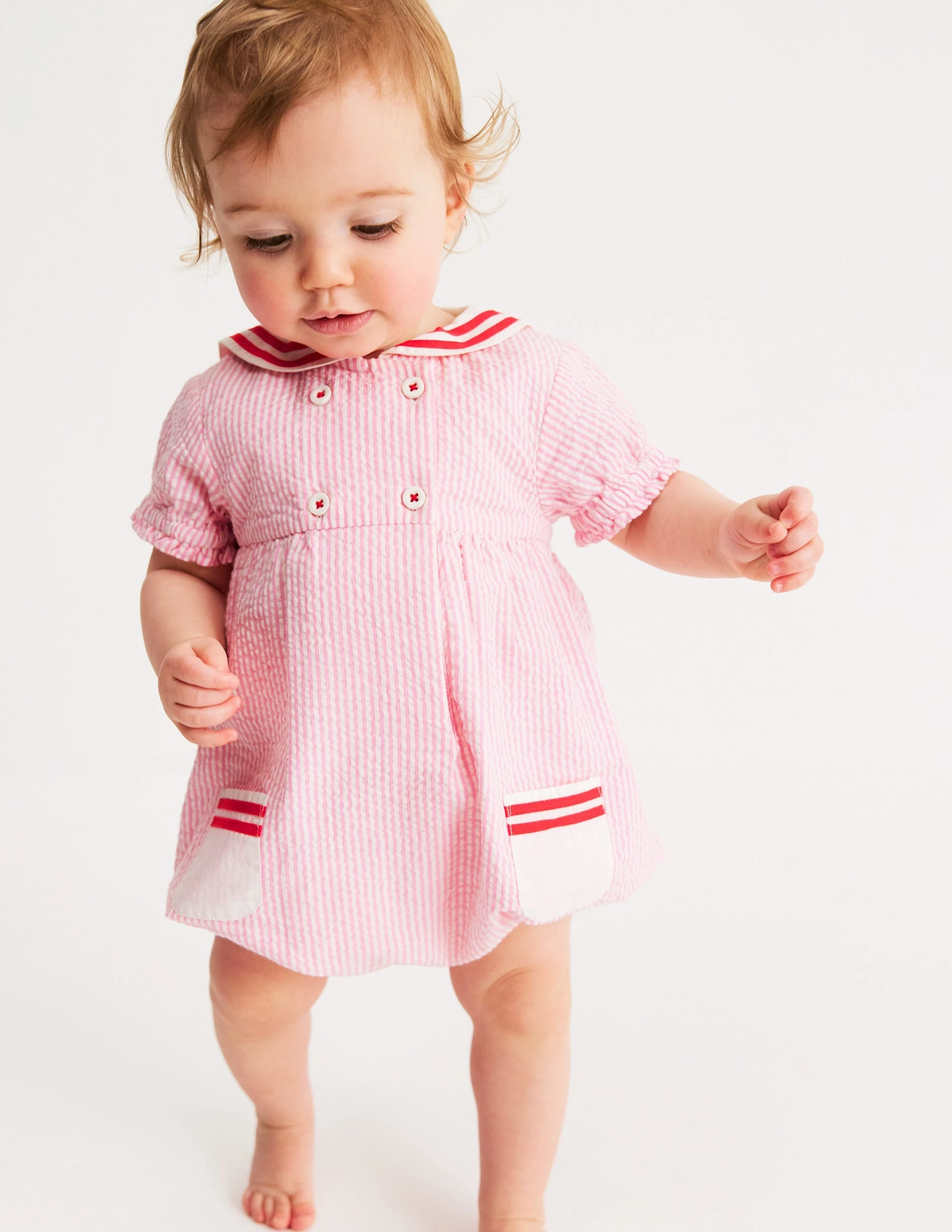 Heritage Nautical Romper-Pink Ticking Stripe Retro Charming