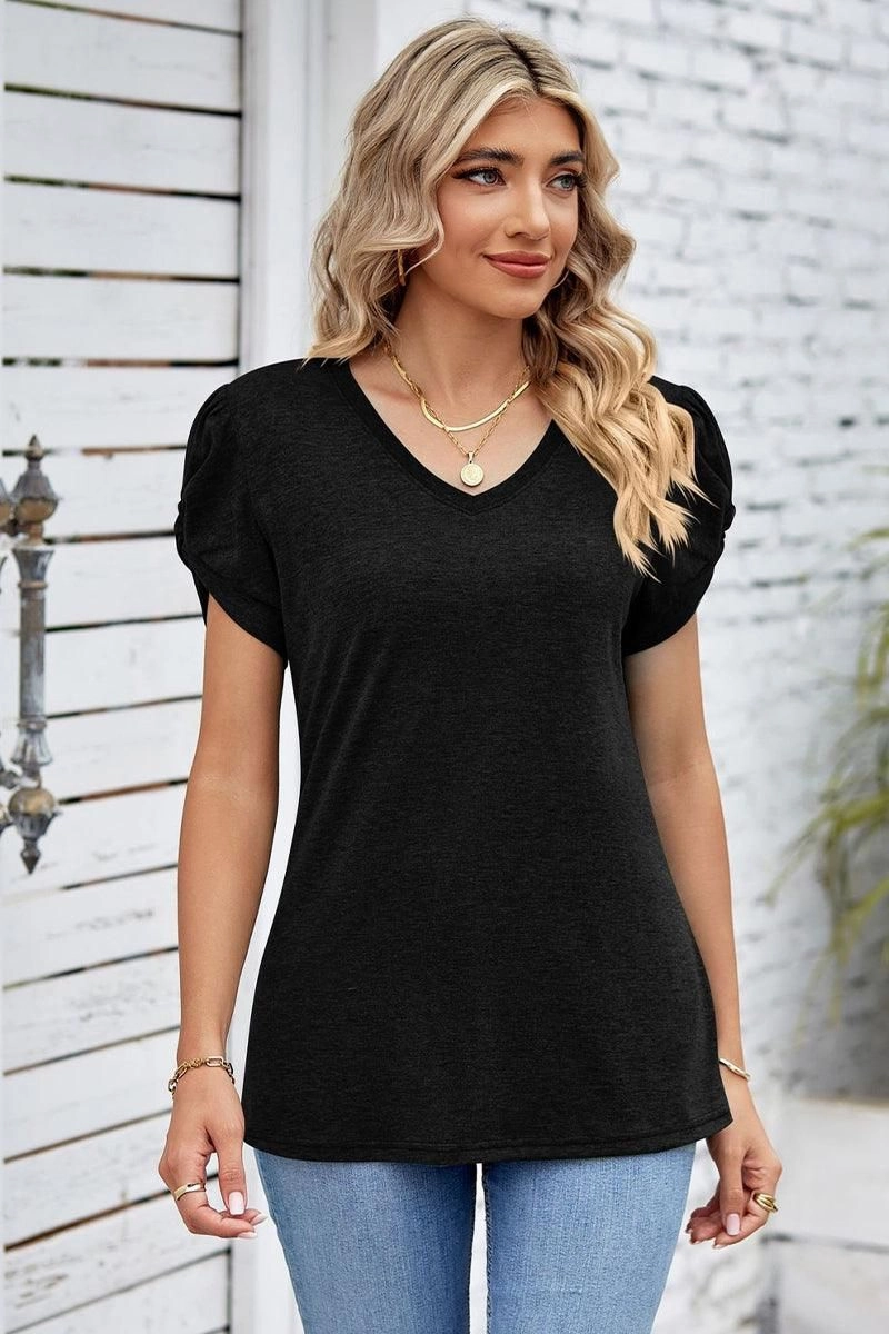 DRAPED PUFF SLEEVE WOMEN DAILY T SHIRTS Durable Stitching Weighted Hem Trim