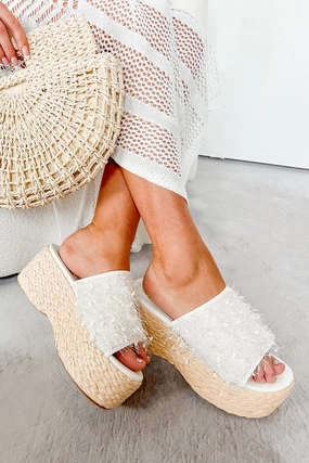 Addressing The Rumors Flurry Platform Sandal (White) Raw-Hem Off-Shoulder