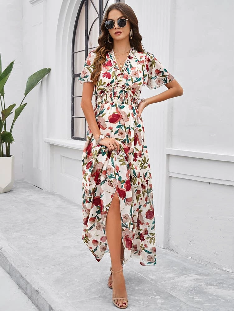 CASUAL PRINT DRESS WITH WAIST_CWDMD1953 Petite friendly