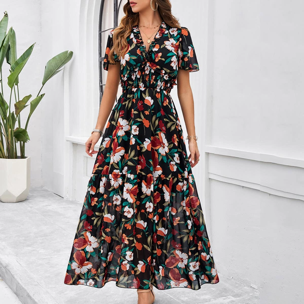CASUAL PRINT DRESS WITH WAIST_CWDMD1953 Blush Shade Summer Air