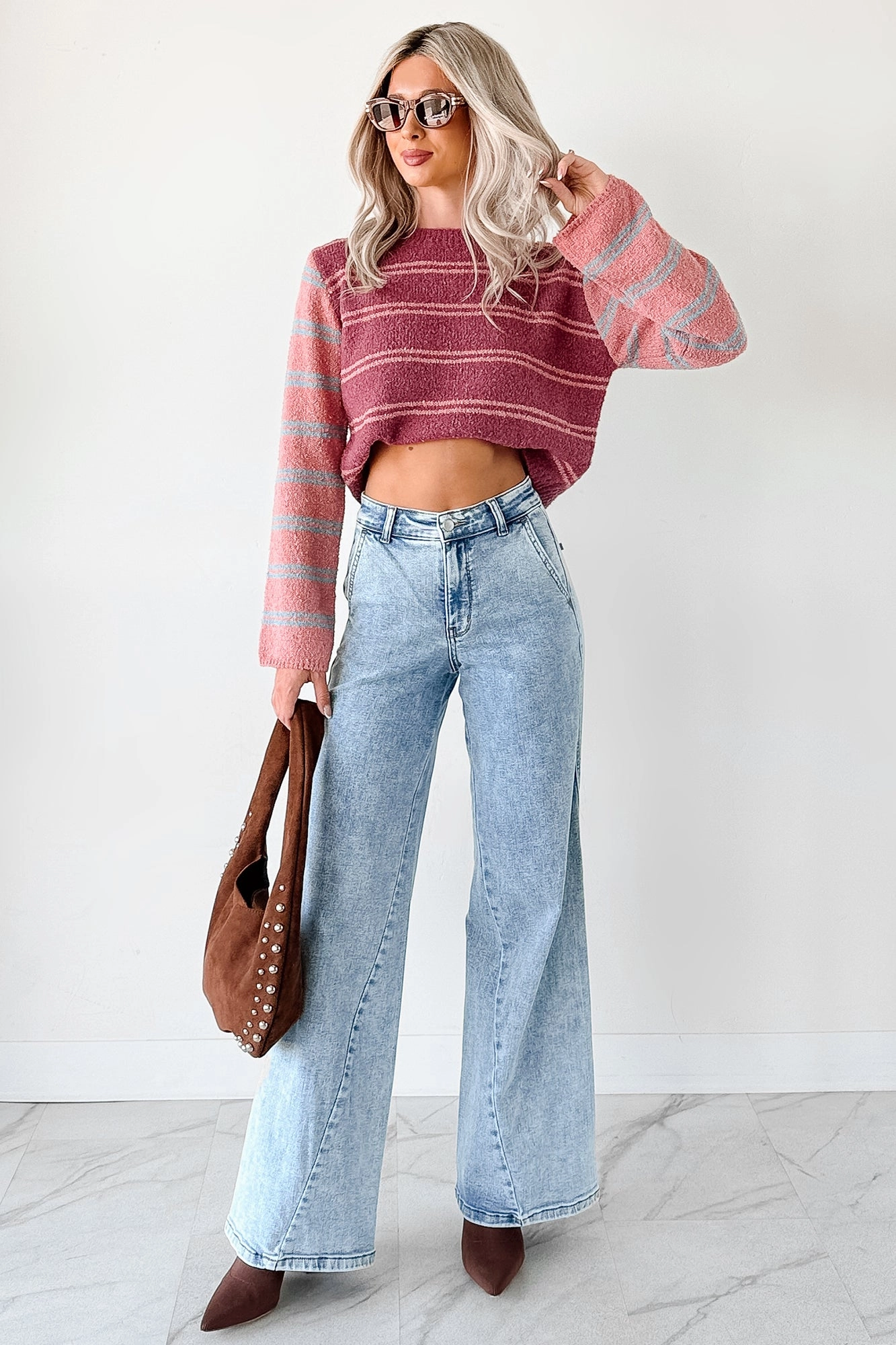 Modular Layering System Beyond Ordinary Striped Knit Sweater (Plum Combo)