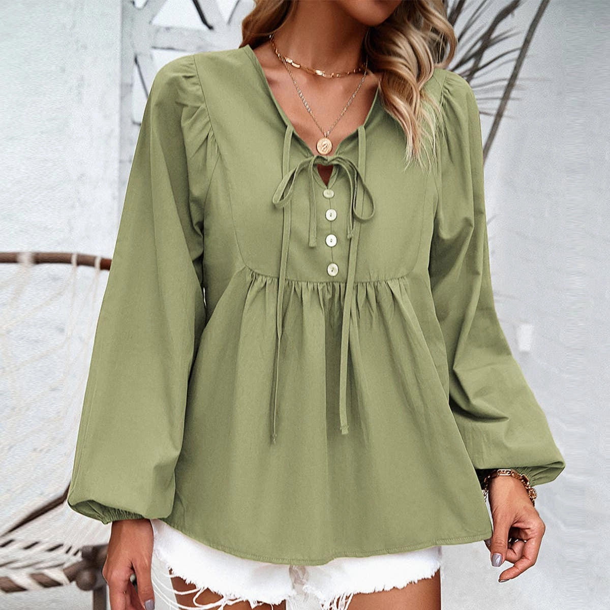 COTTON WICKING V COLLAR BLOUSE_CWTBLL0779 EcoDyeProcess