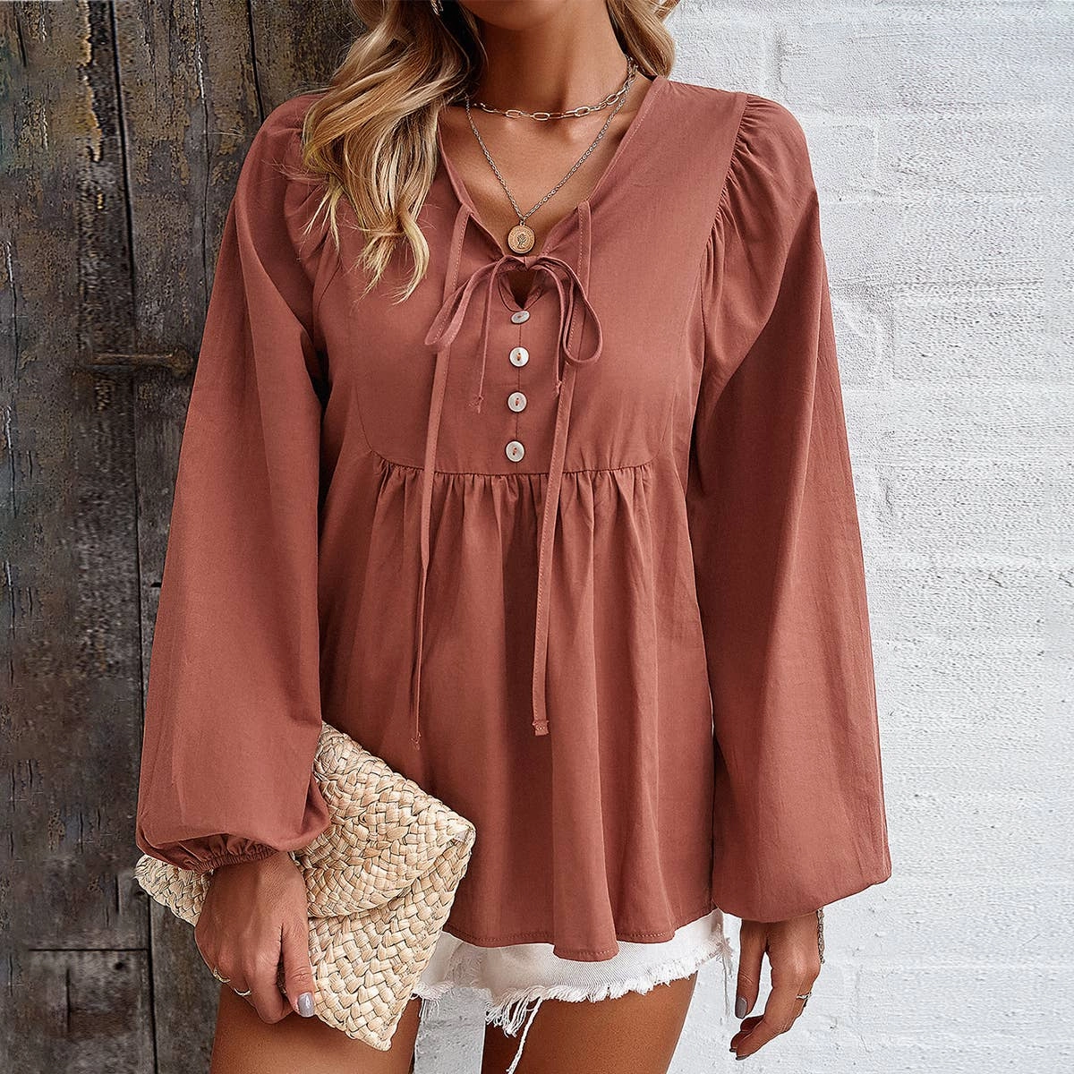 Tagless Labeling FadeResistantTechnology COTTON WICKING V COLLAR BLOUSE_CWTBLL0779