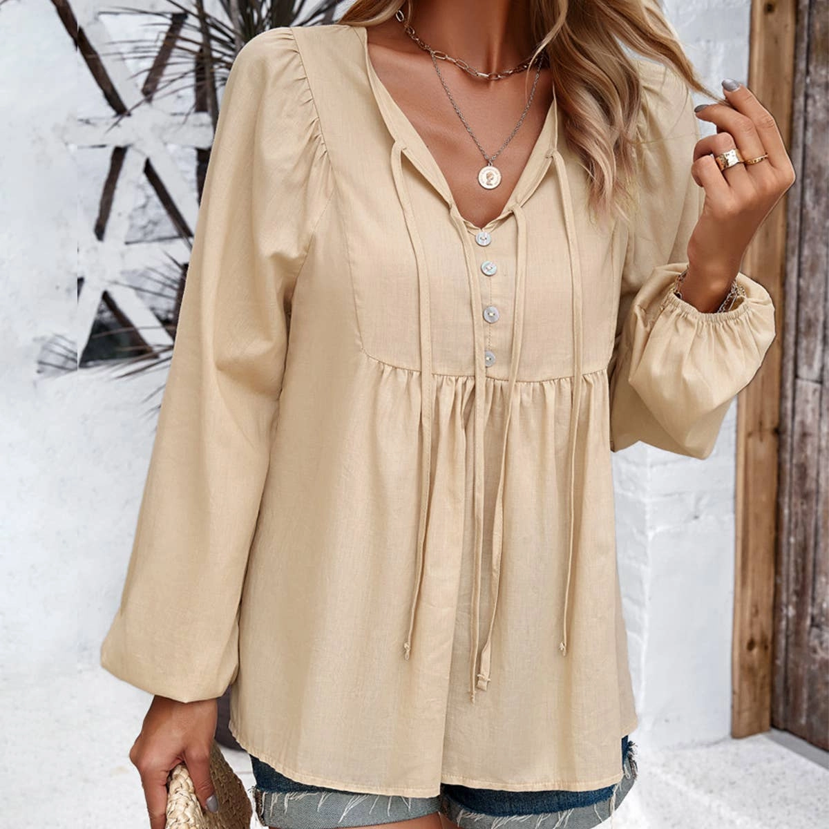 PunctureResistantReinforcement Grid Back Panel COTTON WICKING V COLLAR BLOUSE_CWTBLL0779