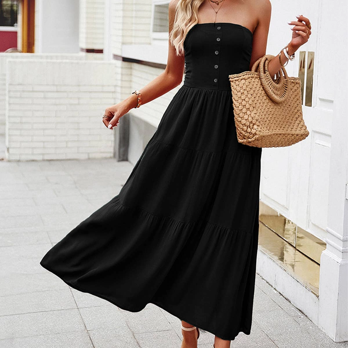 Soft Pleats COTTON STRAPLESS DRESS_CWDMD1534