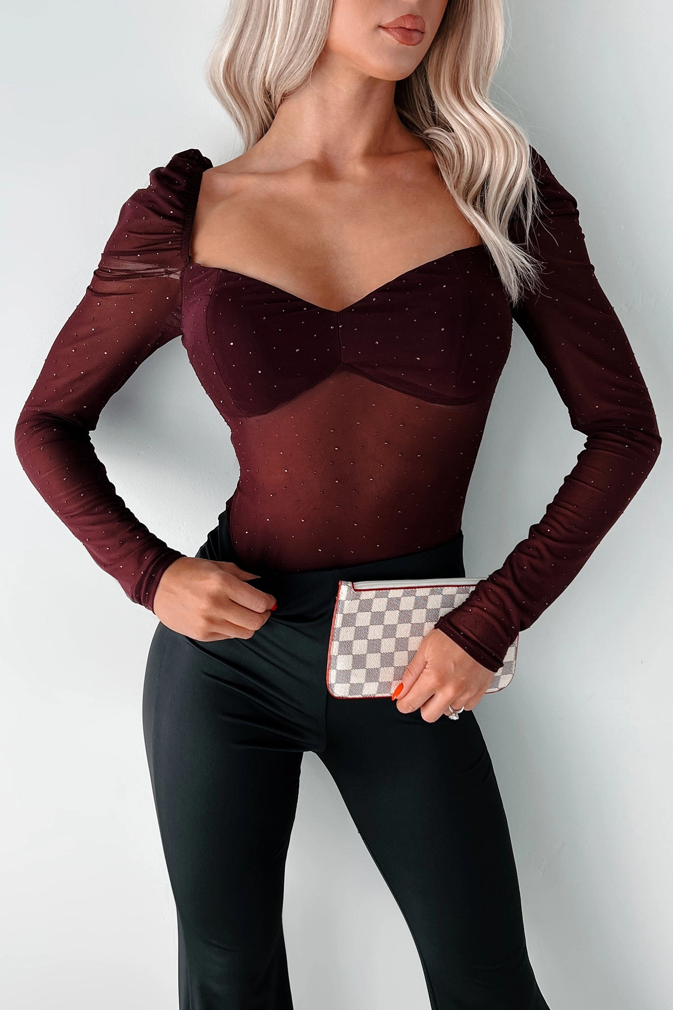 Easy To Remember Rhinestone Mesh Bodysuit (Dark Cherry) Sporty Blouse NoRoll Hem Technology