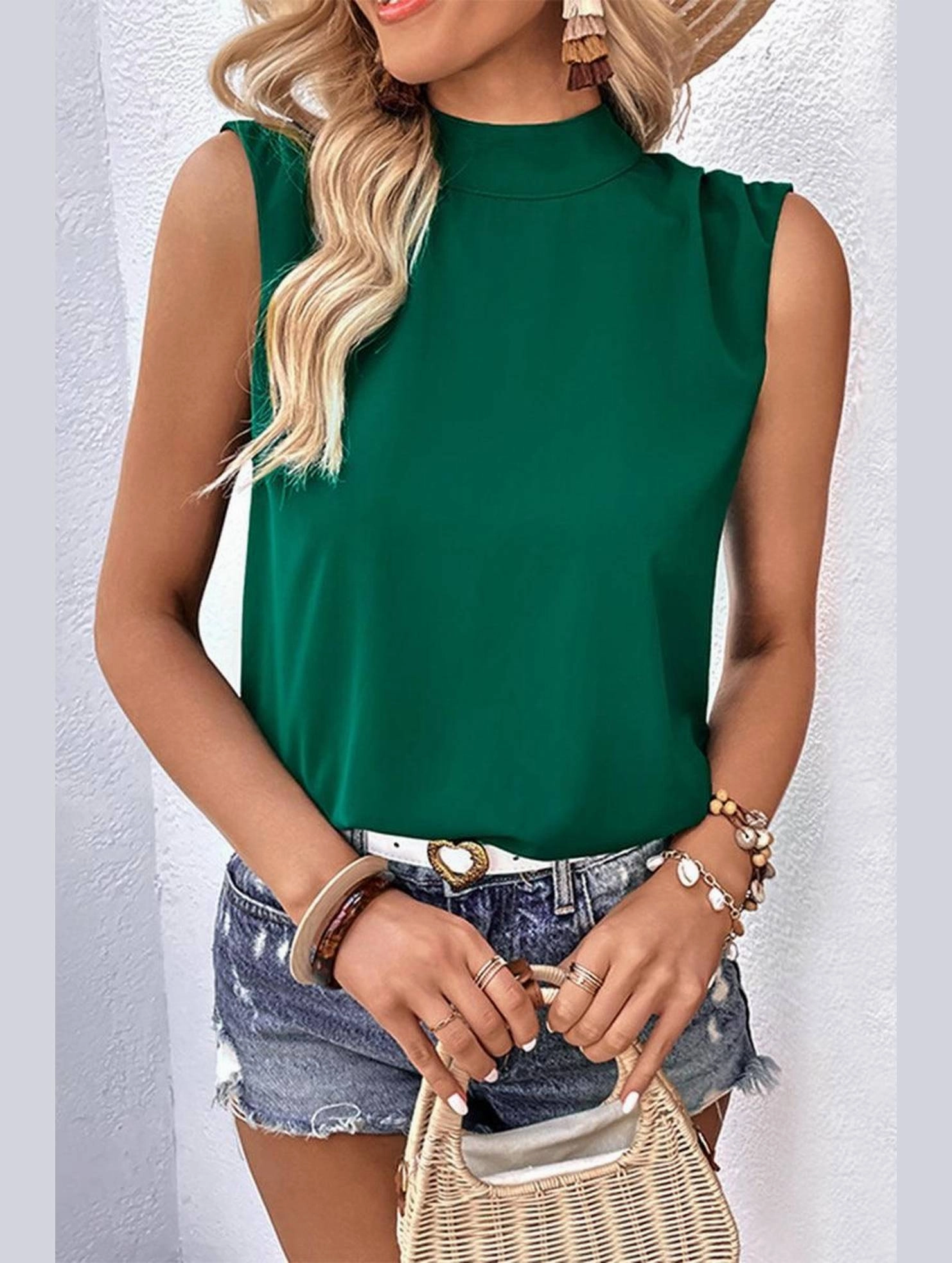 Flatlock Stitching Technique DoubleLayered HIGH NECK BACK TIED NECK SLEEVELESS SUMMER BLOUSE