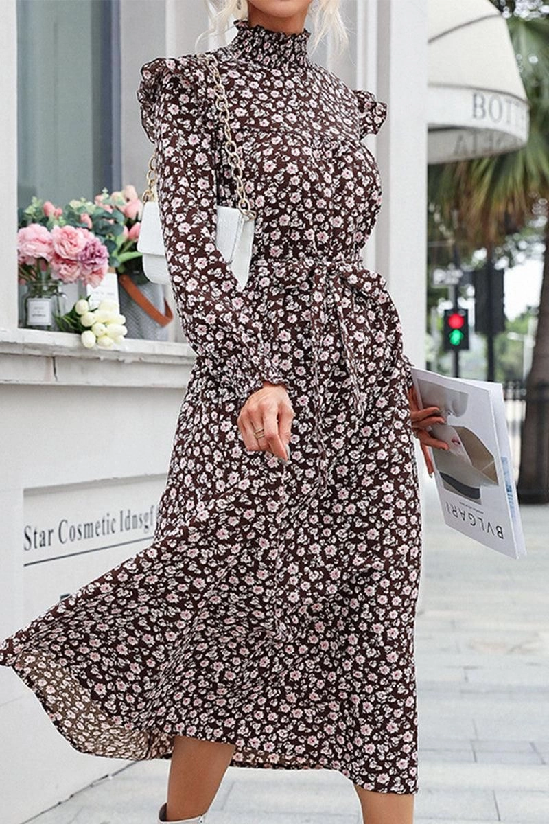 HIGH NECK FLORAL PATTERNED LONG DRESS Silky-Lining Drapey Fabric