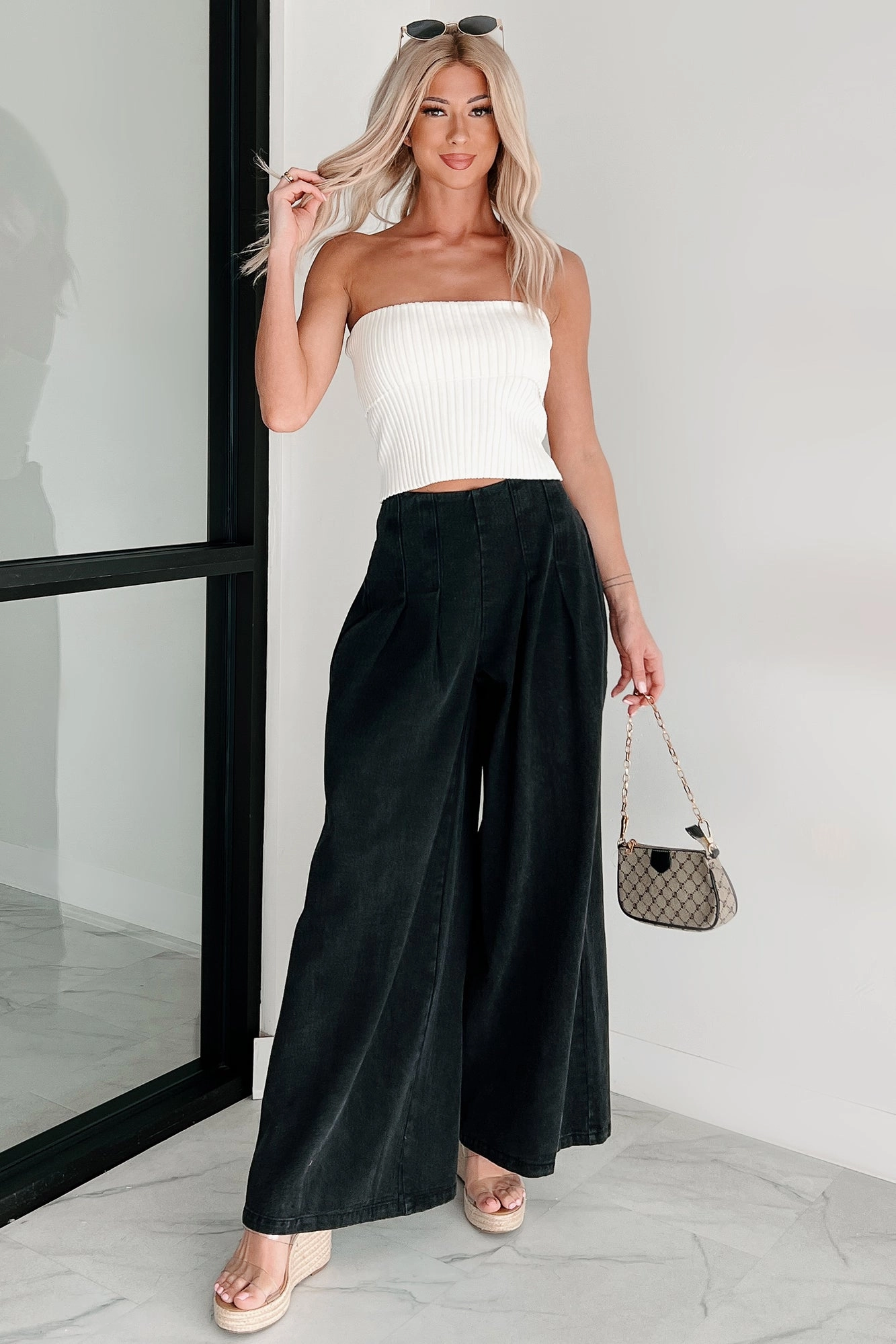 High On Life Wide Leg Pleated Denim Pants (Black) Anti Snag Fabric Anti Pilling