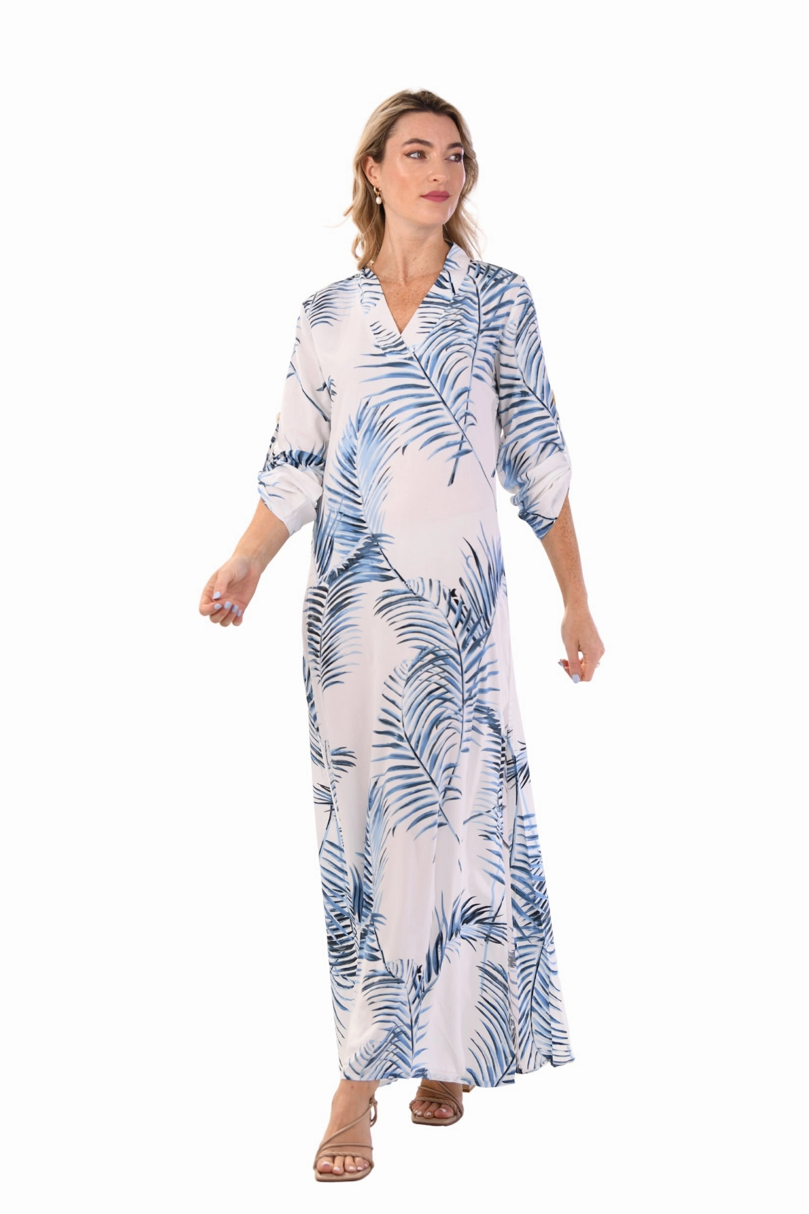 Front Ruffle Exuma Kaftan / Blue Palm