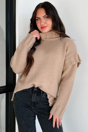 Elasticated Hem Staying Connected Oversized Turtleneck Sweater (Taupe)