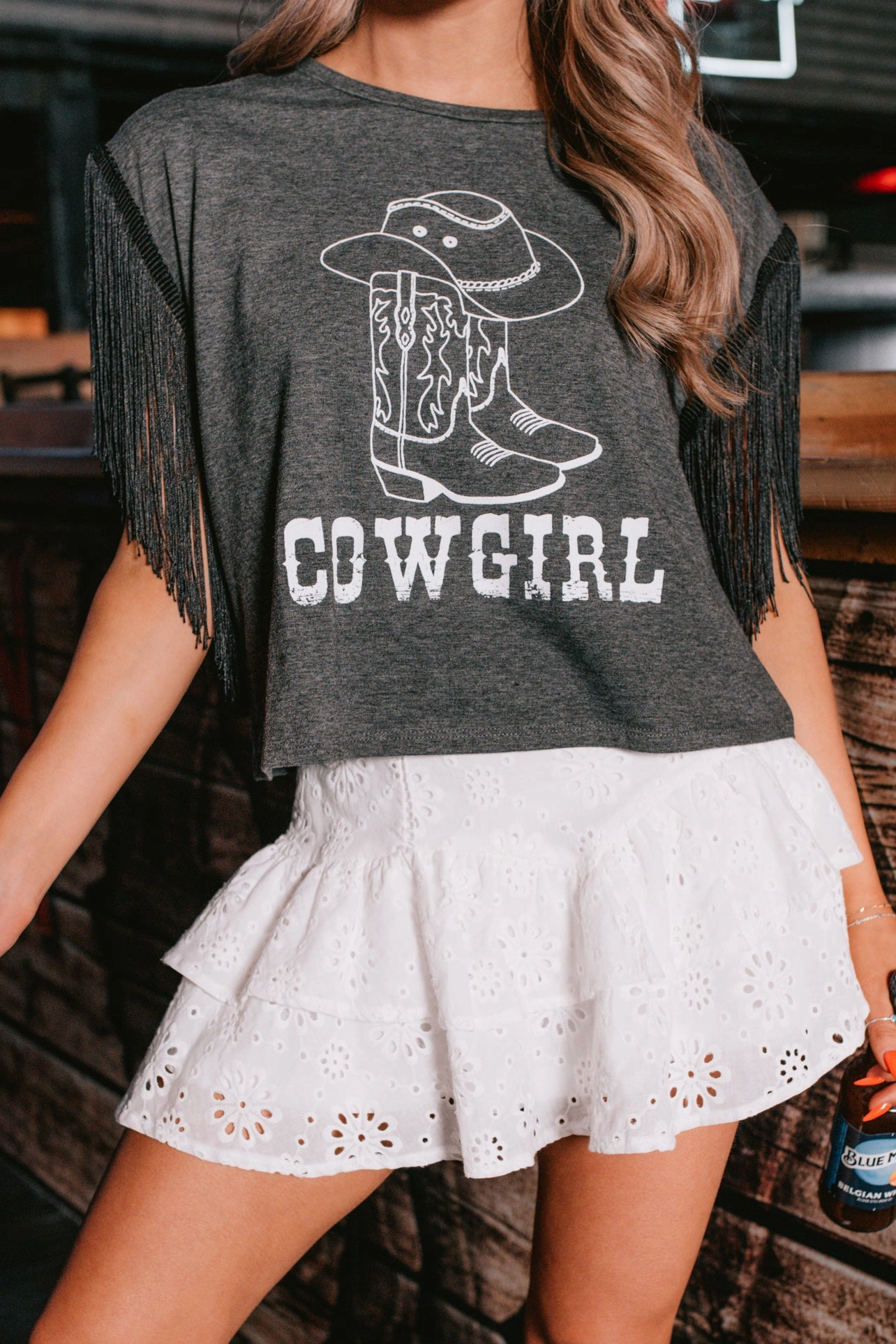 Hit The Trail Fringed Sleeve Cowgirl Graphic Shirt (Charcoal) Odor Neutralizing Technology Adaptive Temperature Control