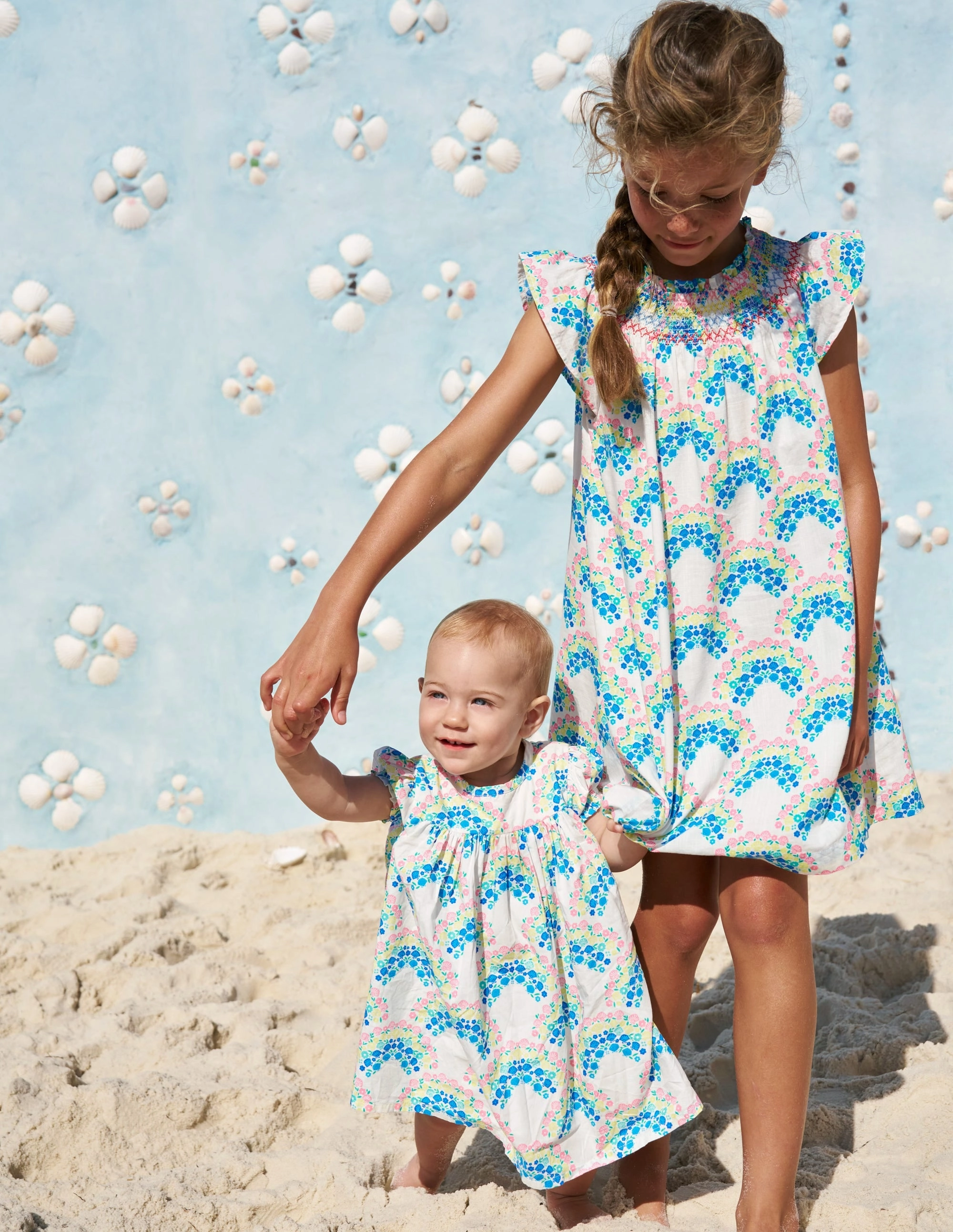 Holiday Smocked Dress-Soft Ivory Rainbow Shells Versatile Layer Wear