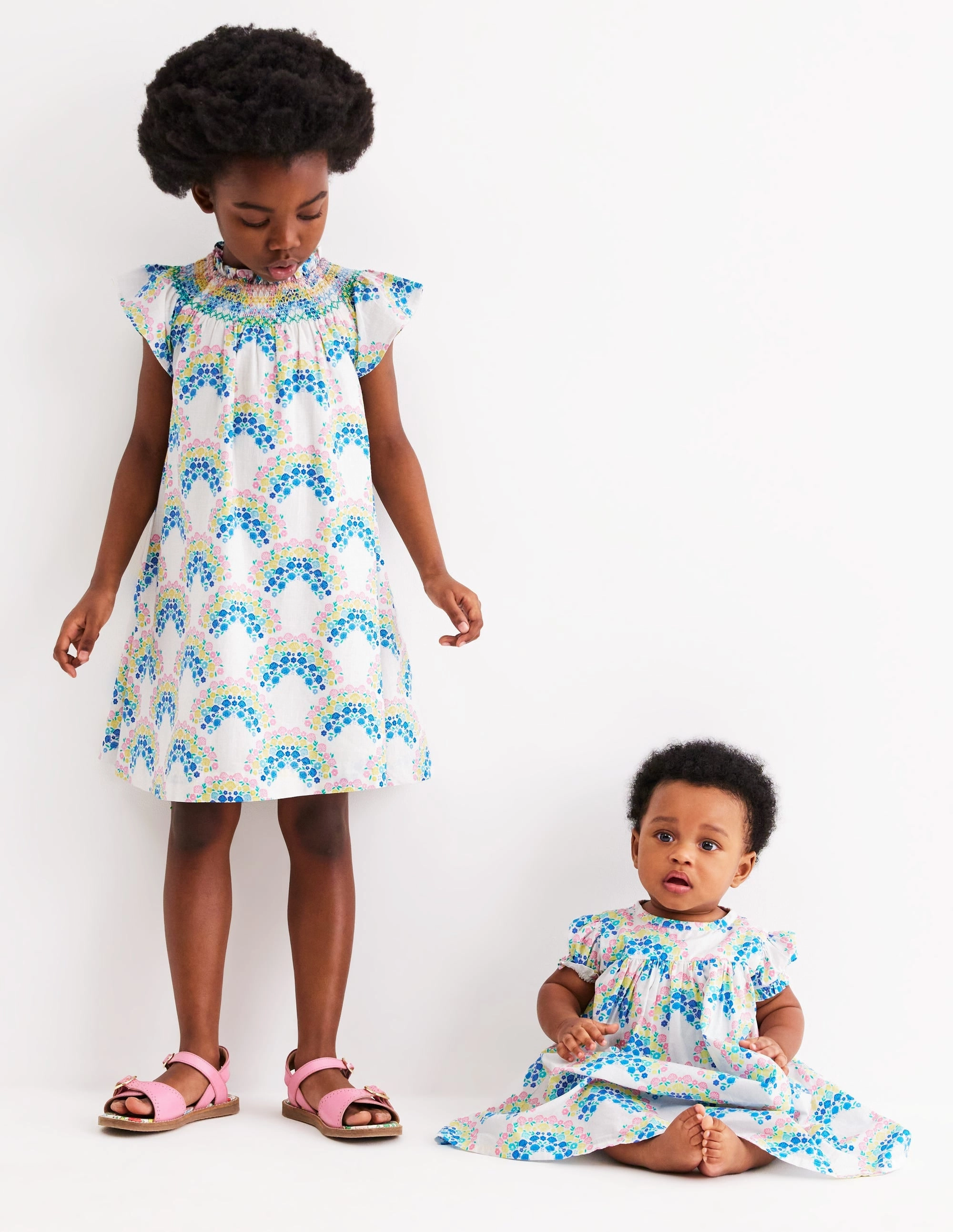 Holiday Smocked Dress-Soft Ivory Rainbow Shells Bodycon-Fit