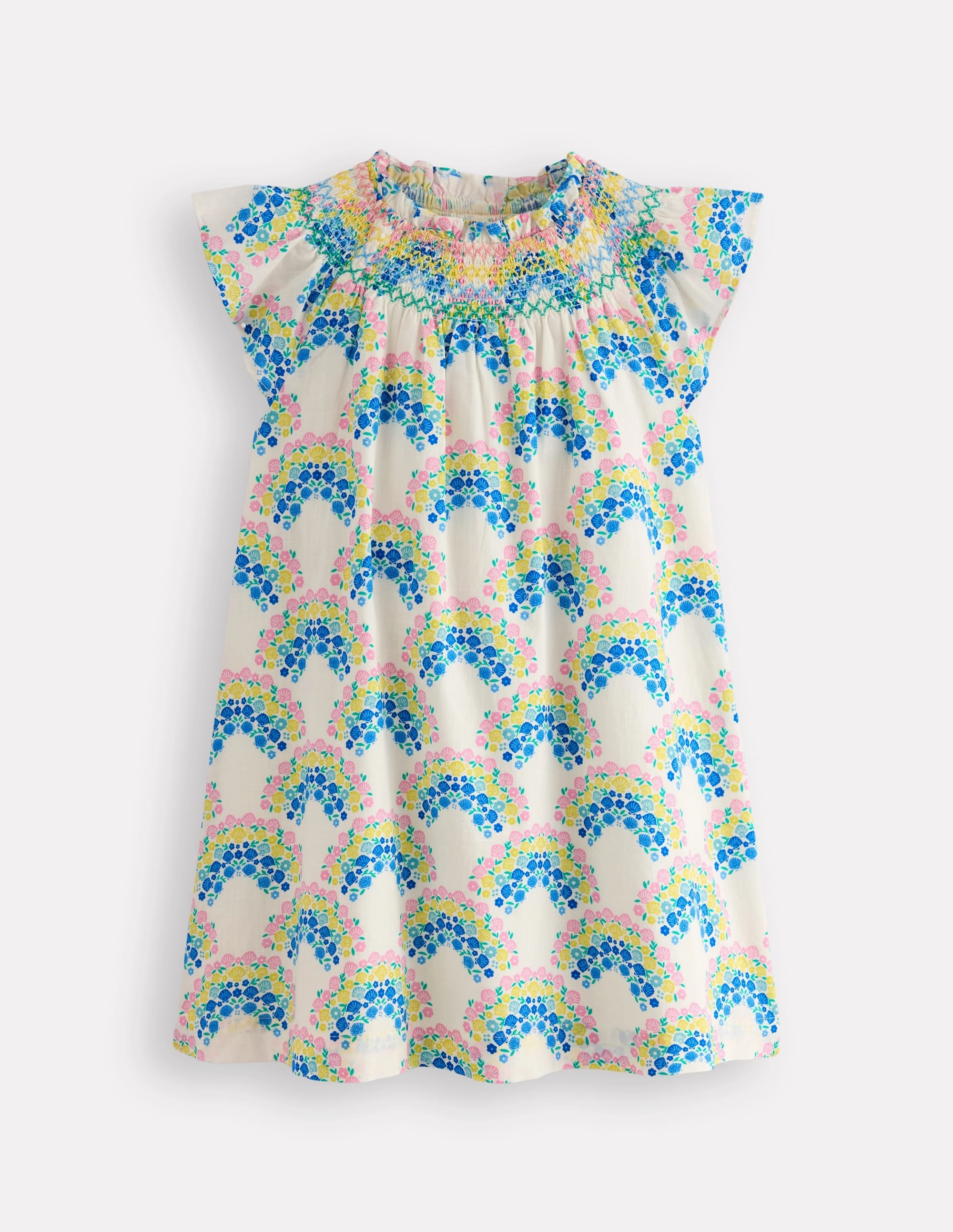 Holiday Smocked Dress-Soft Ivory Rainbow Shells Smart Detail Artistic Detail