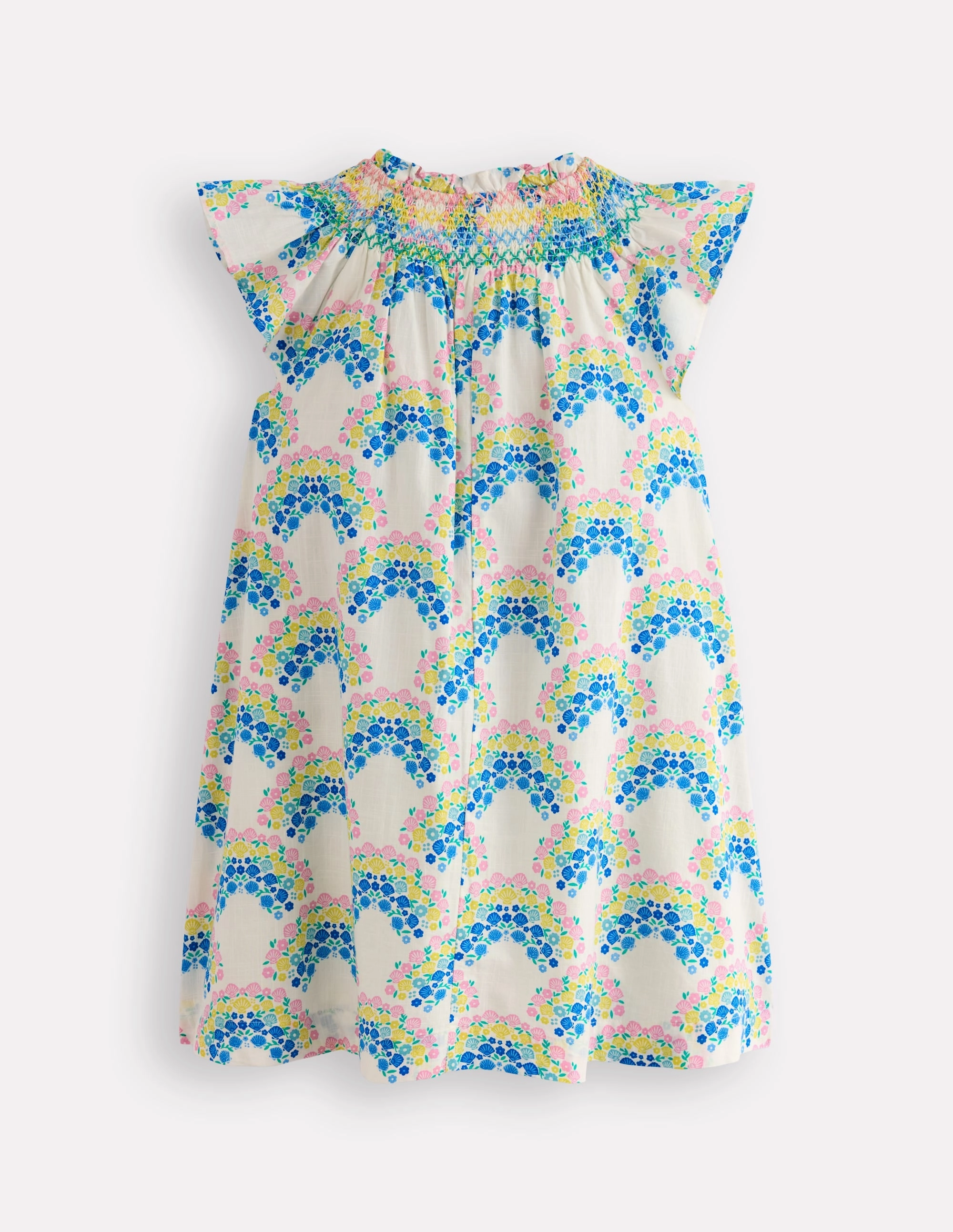 Holiday Smocked Dress-Soft Ivory Rainbow Shells Relax Draping