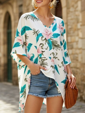 V Neck Printed Bat Sleeve Top with Loose Baggy Fit AntiStaticFinish Non Restrictive Armhole Cut