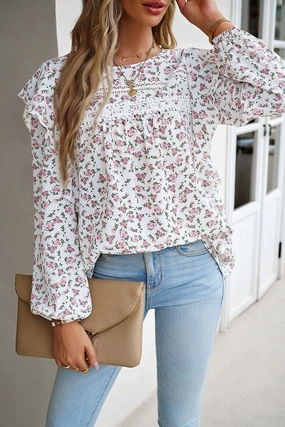 NeutralPalette Lightweight Design WOMEN LACE TRIM FRILL ANGEL SLEEVE FLORAL BLOUSE