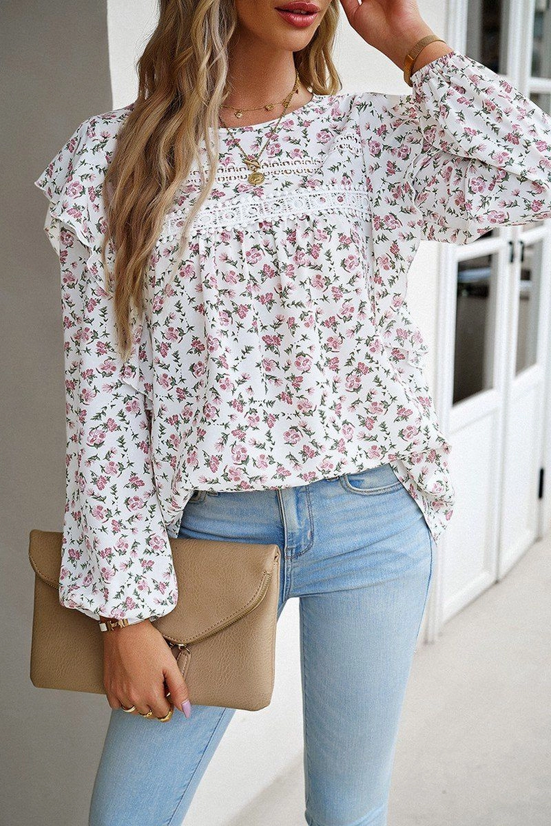 NeutralPalette Lightweight Design WOMEN LACE TRIM FRILL ANGEL SLEEVE FLORAL BLOUSE