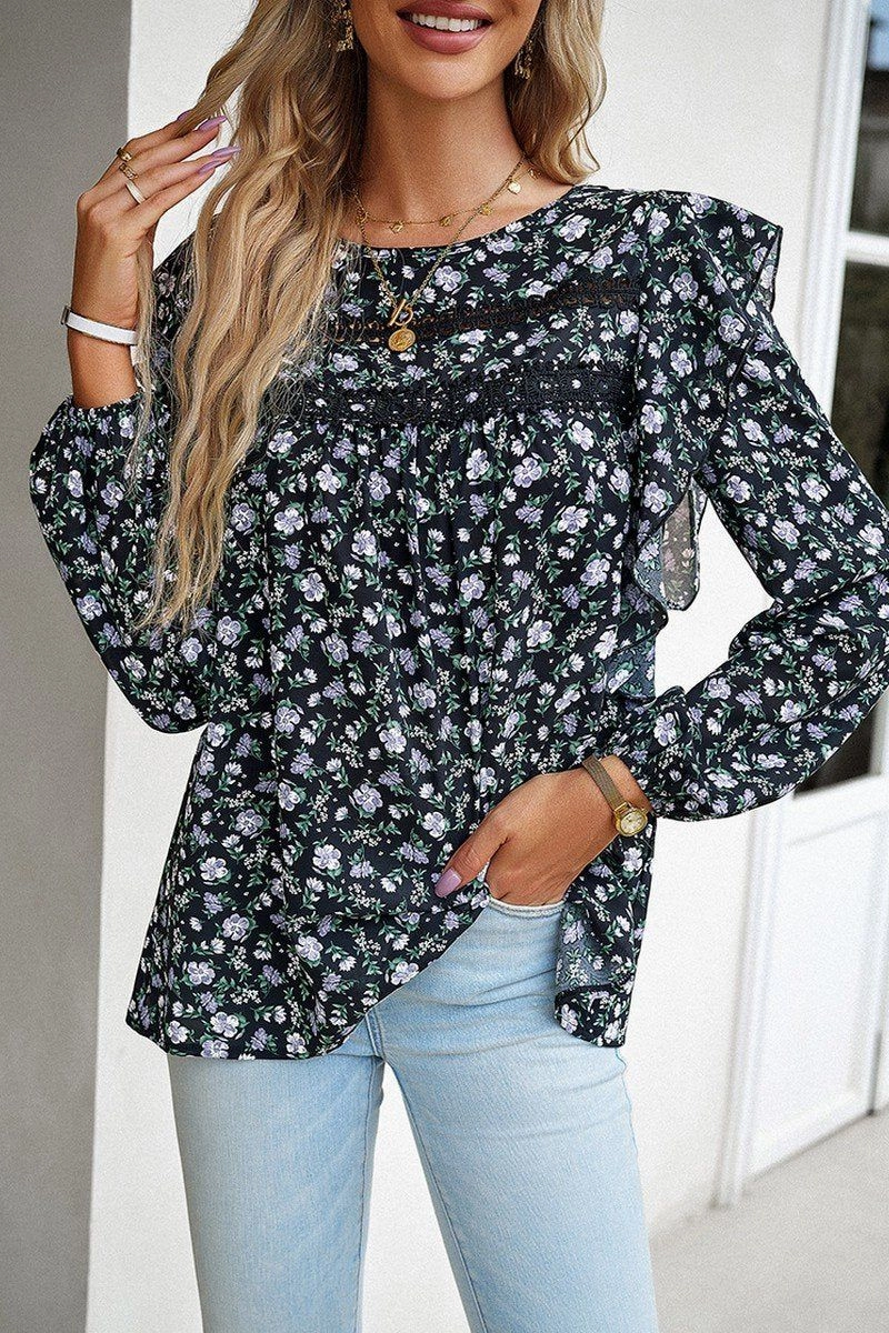 WOMEN LACE TRIM FRILL ANGEL SLEEVE FLORAL BLOUSE Reinforced Hem