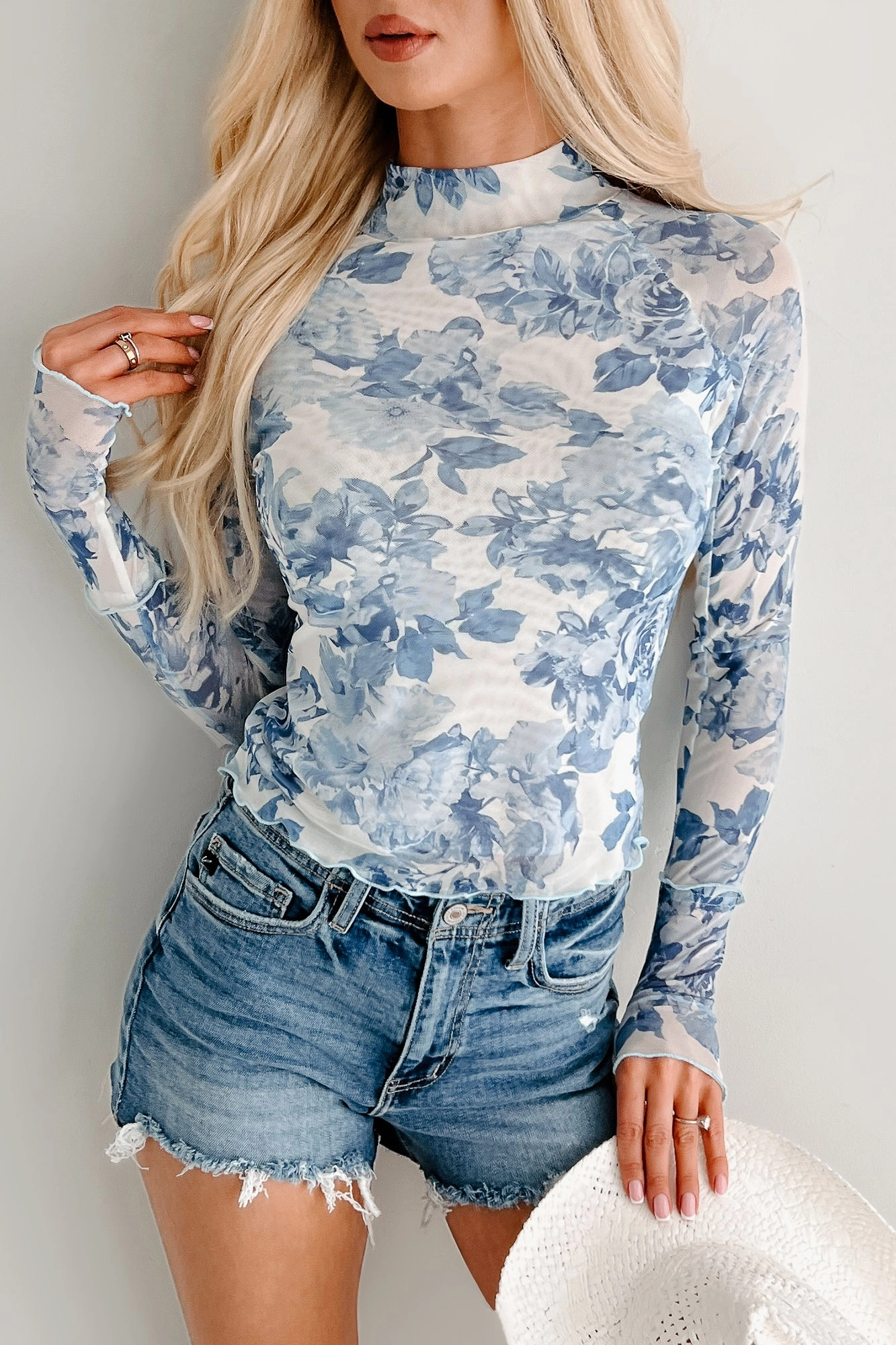 Hooked On You Floral Mesh Long Sleeve Top (White/Blue) Compact Jacquard Weave FlexibleMobility