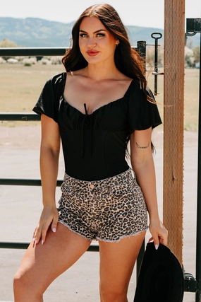 Humming Along Puff Sleeve Scoop Neck Bodysuit (Black) Warm Layer Breathable Lining