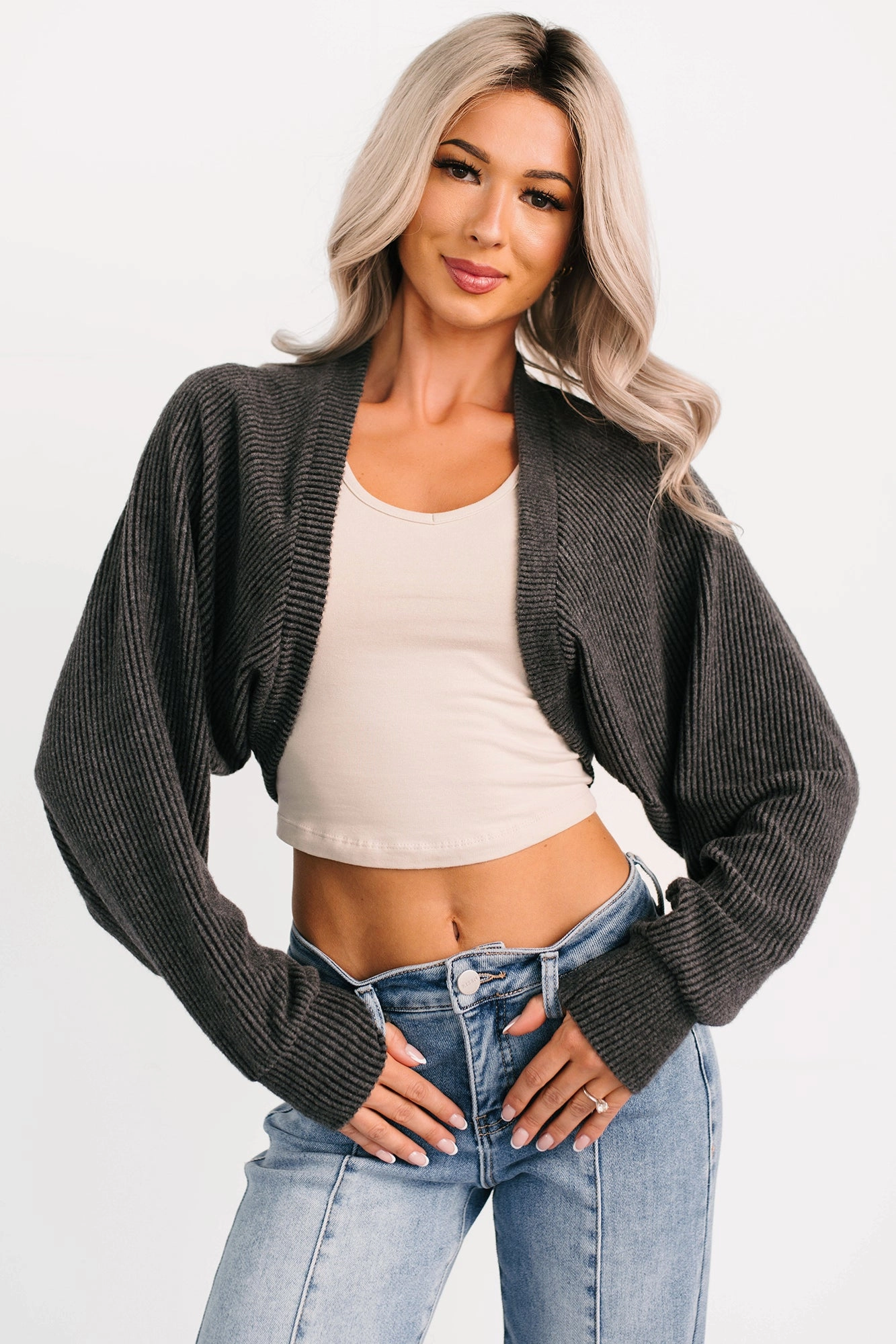 Lounge Cloud Ribbed Long Sleeve Shrug (Charcoal) LowProfileDesign Tencel Lyocell Fiber