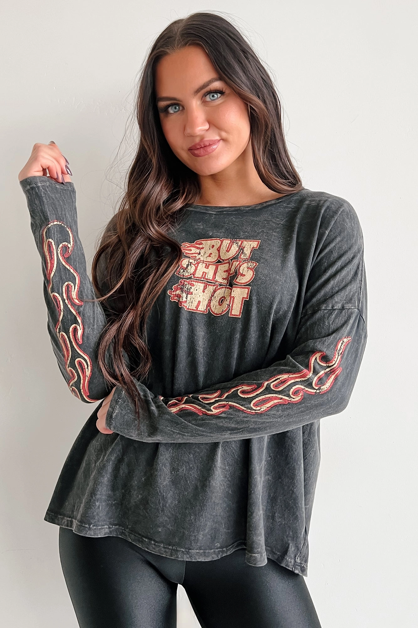 Antibacterial Fabric "But She's Hot" Mineral Wash Graphic Long Sleeve Top (Charcoal)