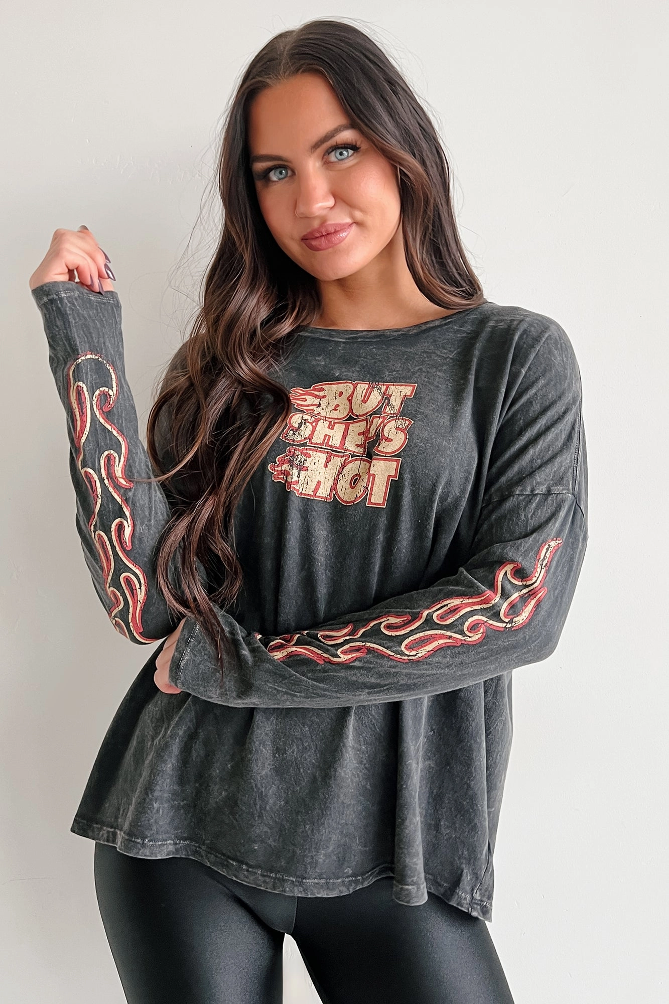Long Sleeve Polo Tagless Collar "But She's Hot" Mineral Wash Graphic Long Sleeve Top (Charcoal)