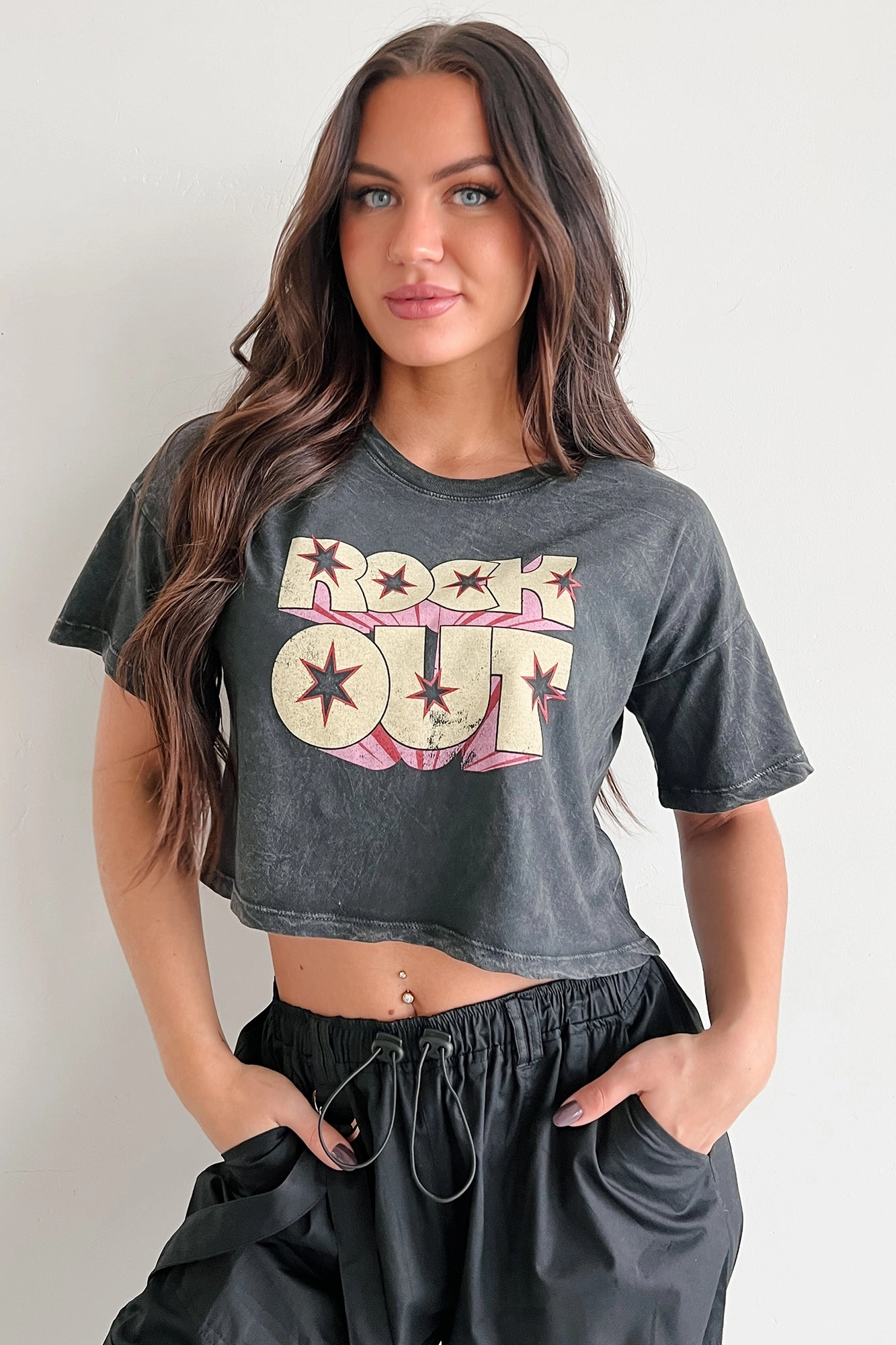 "Rock Out" Graphic Crop Tee (Charcoal) LayeringFriendly Weight