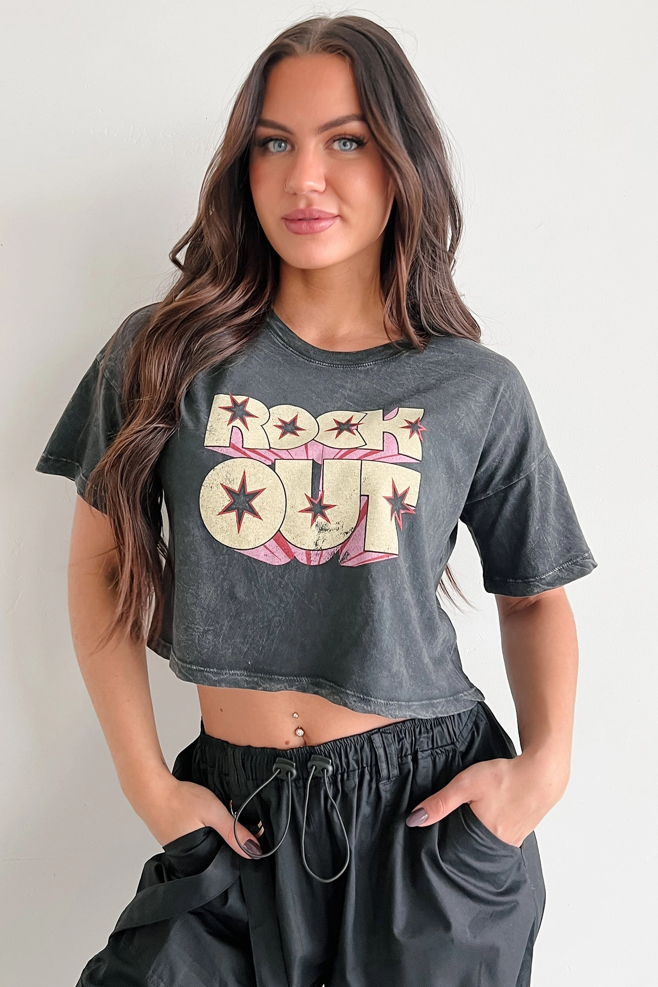 Elegant Cardigan "Rock Out" Graphic Crop Tee (Charcoal)